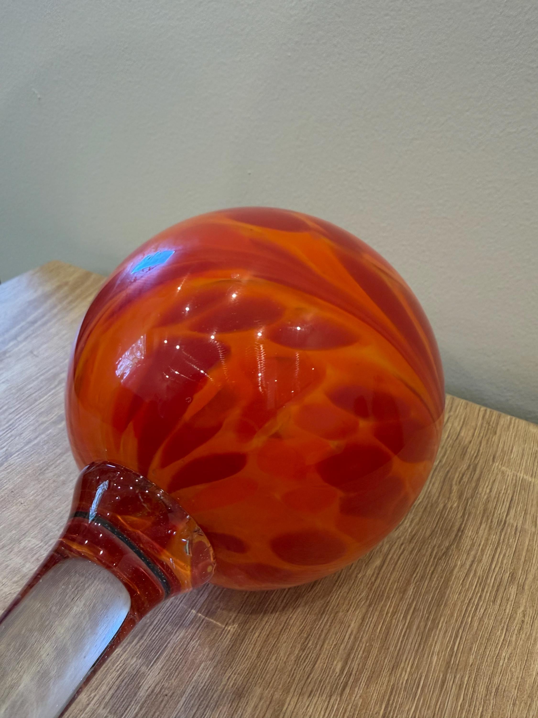 70cm Hand-Blown Glass Garden Stake – 12cm Flame Red Orange Swirl Sphere