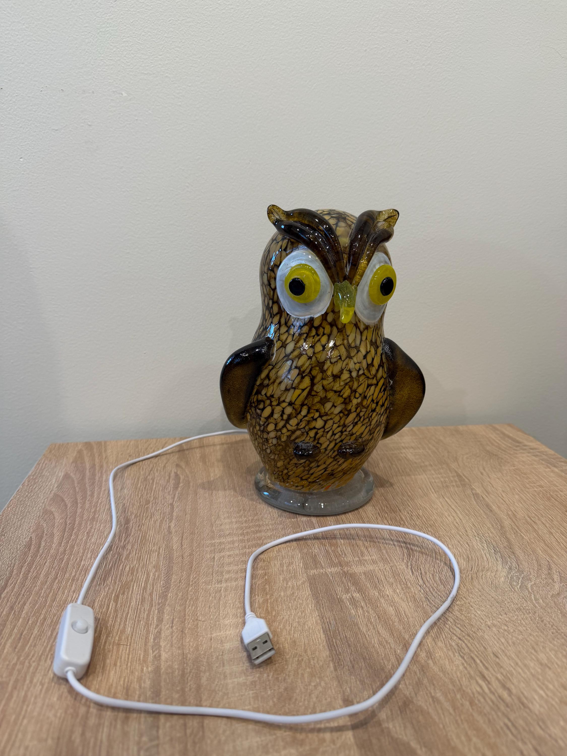 Hand Blown Glass Owl Lamp – Artisan Night Light, Cozy Home Decor (USB Powered)