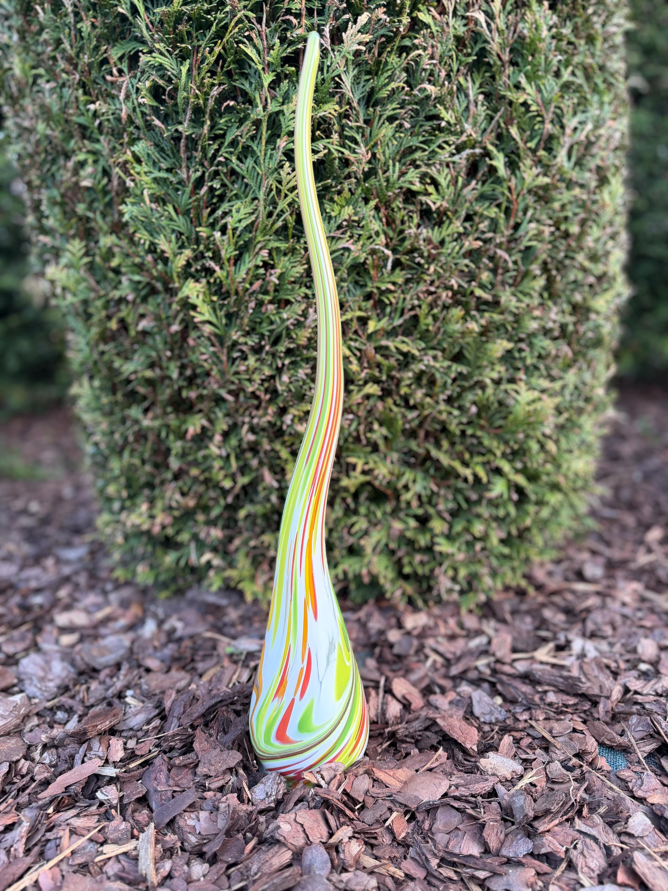 Hand-Blown Glass Garden Flame Sculpture – 50cm Green Yellow Orange Swirl Outdoor Art