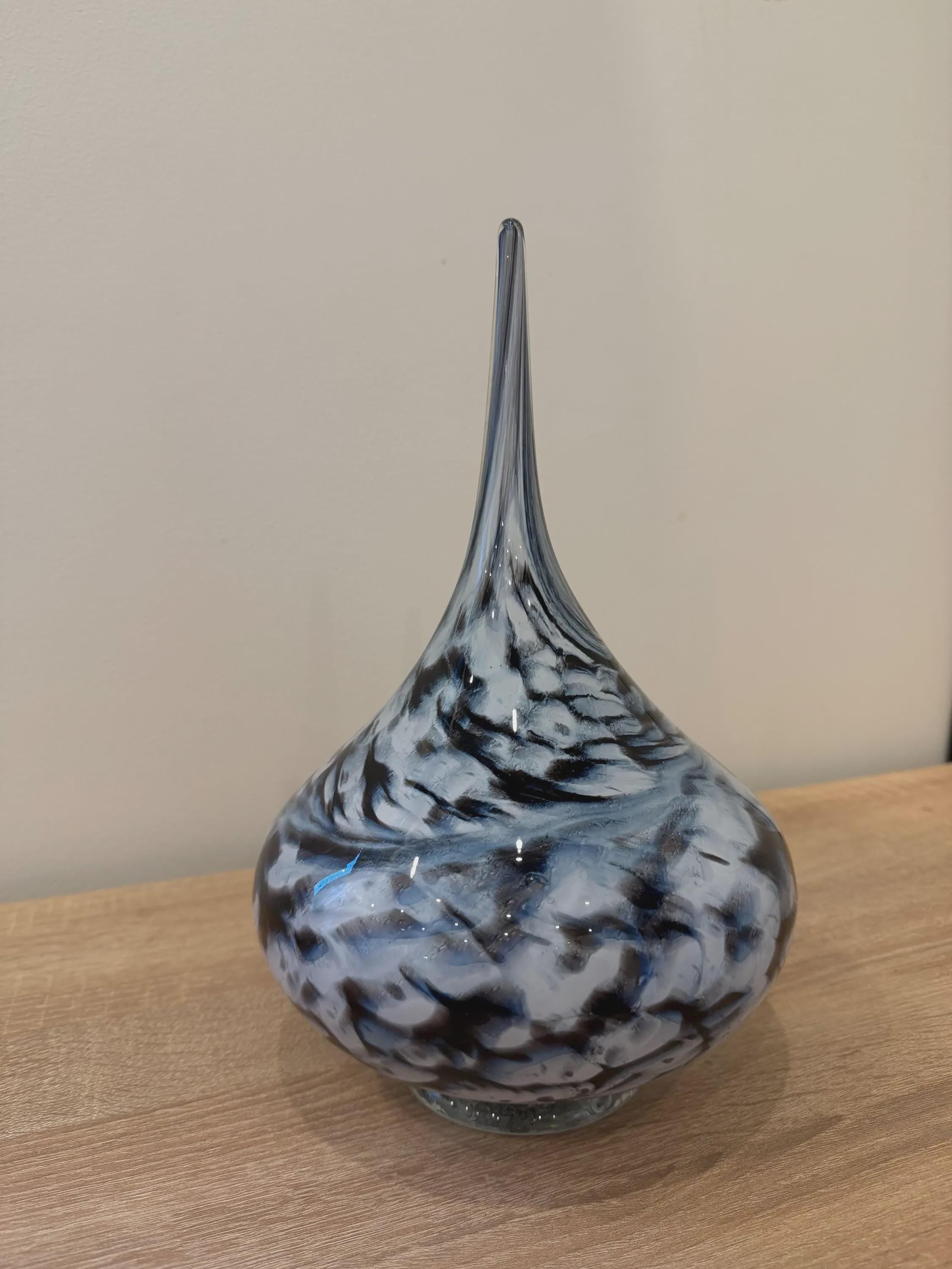 Hand-Blown Glass Teardrop Lamp 25cm – Blue Black White Swirl LED Night Light (USB Powered)