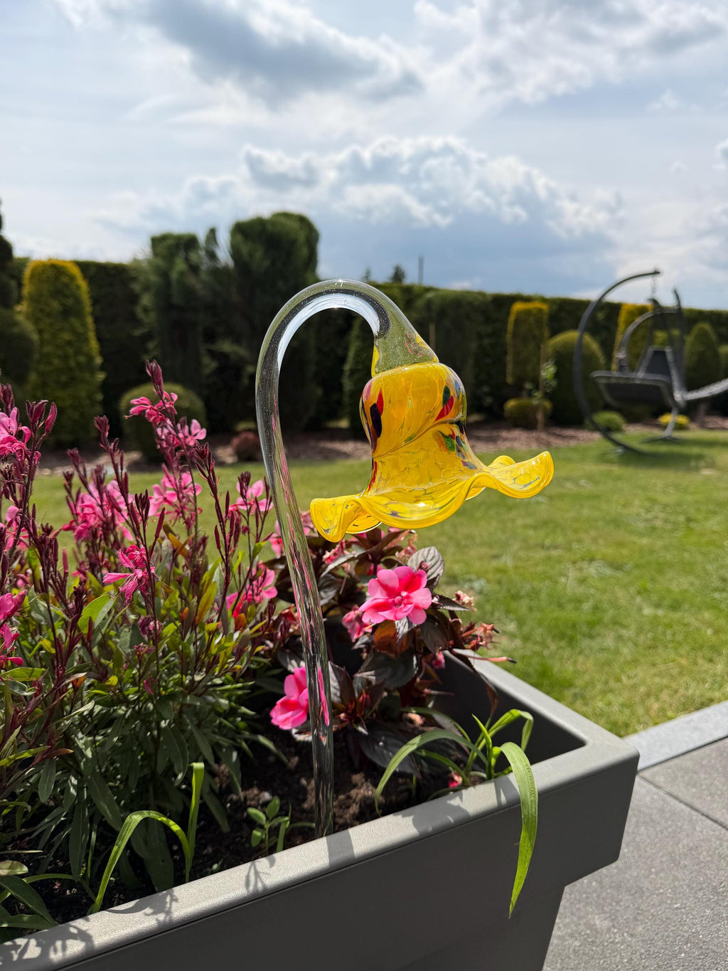 12cm Yellow Glass Flower Garden Stake - Hand Blown Garden Art - 50cm Decor