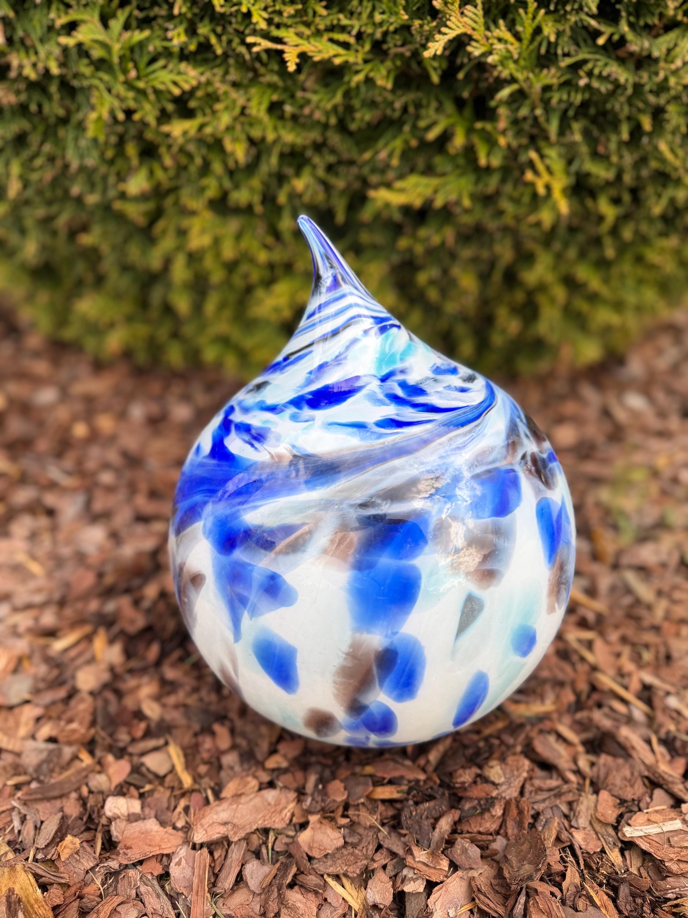 25cm Hand-Blown Glass Teardrop – Blue White Swirl Garden Stake / Decorative Sculpture