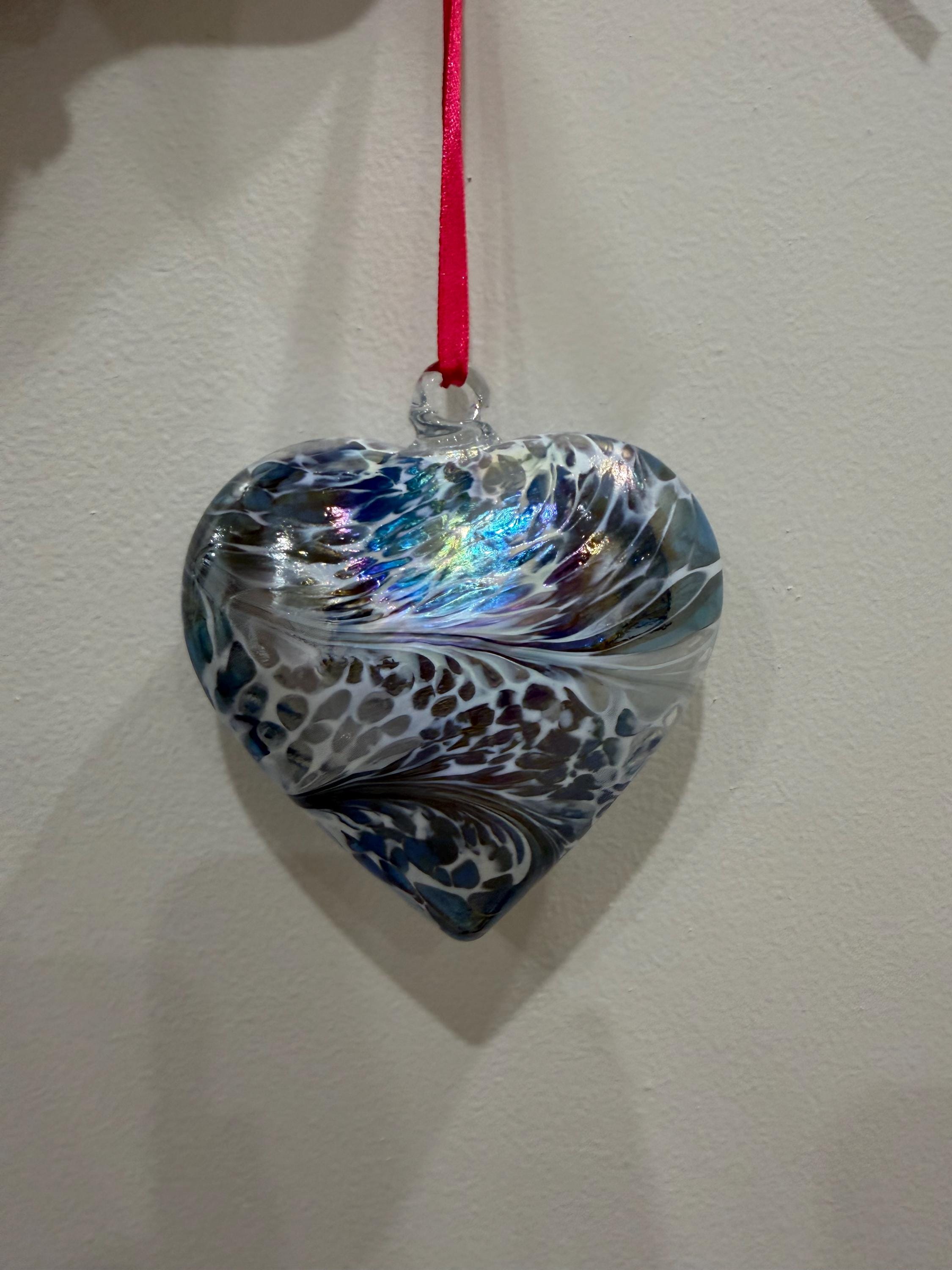 Hand-Blown Glass Heart Ornament 10 cm – Blue White Iridescent Suncatcher Decor