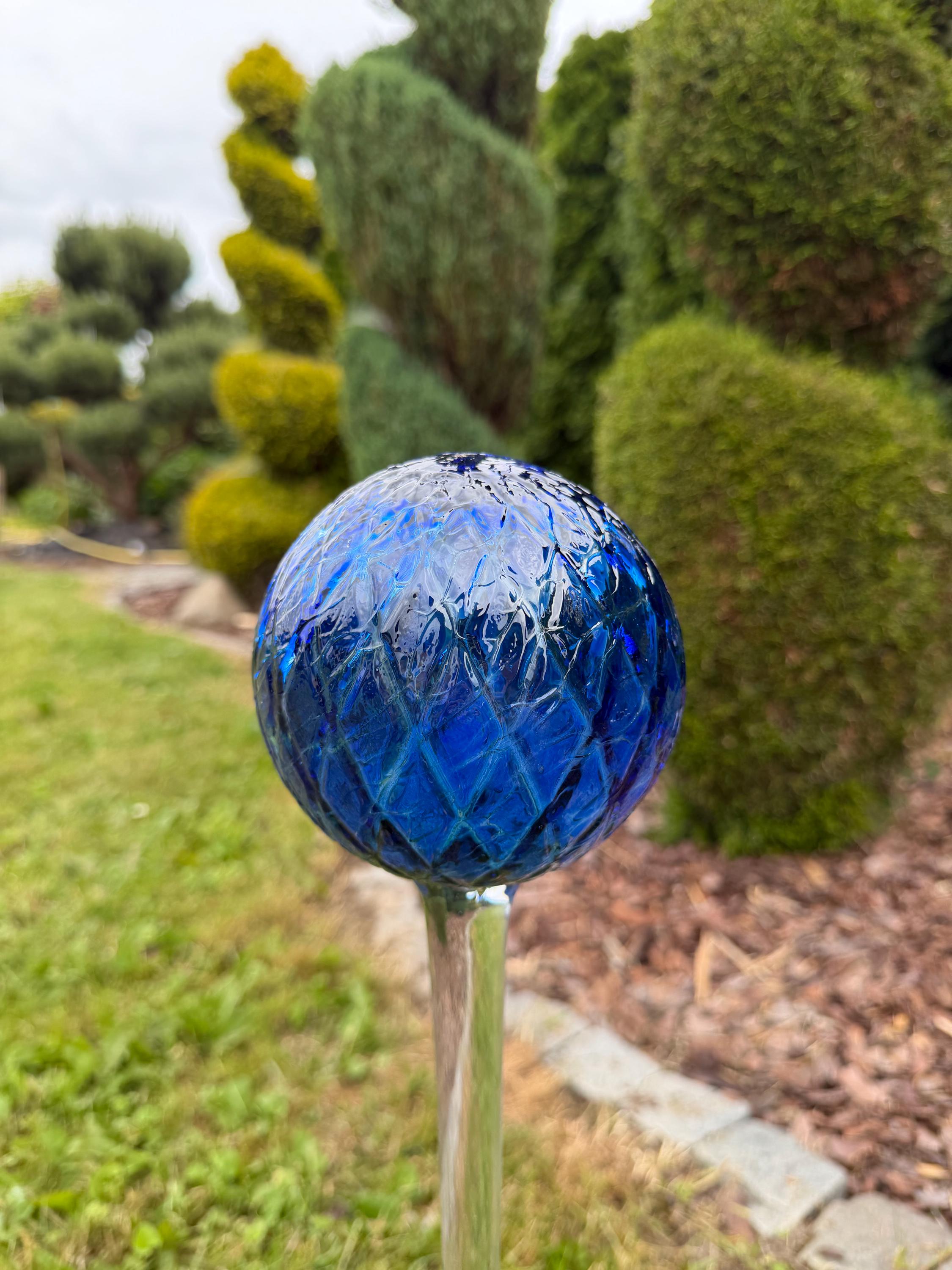 Blue Glass Garden Ball on Stake – Cobalt Gazing Ball – Hand Blown Yard Ornament 70cm