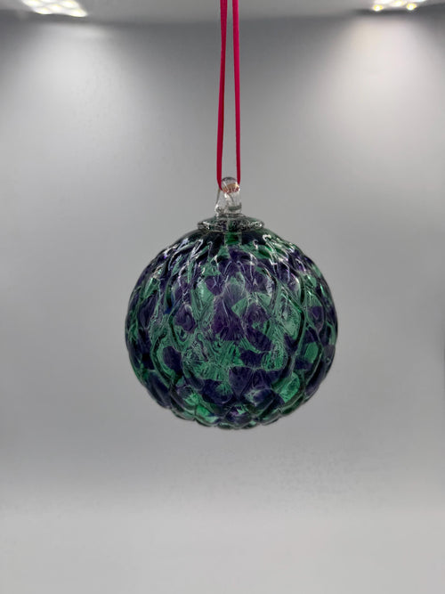 10cm Hand-Blown Crackle Glass Ornament – Green Purple Hanging Sphere