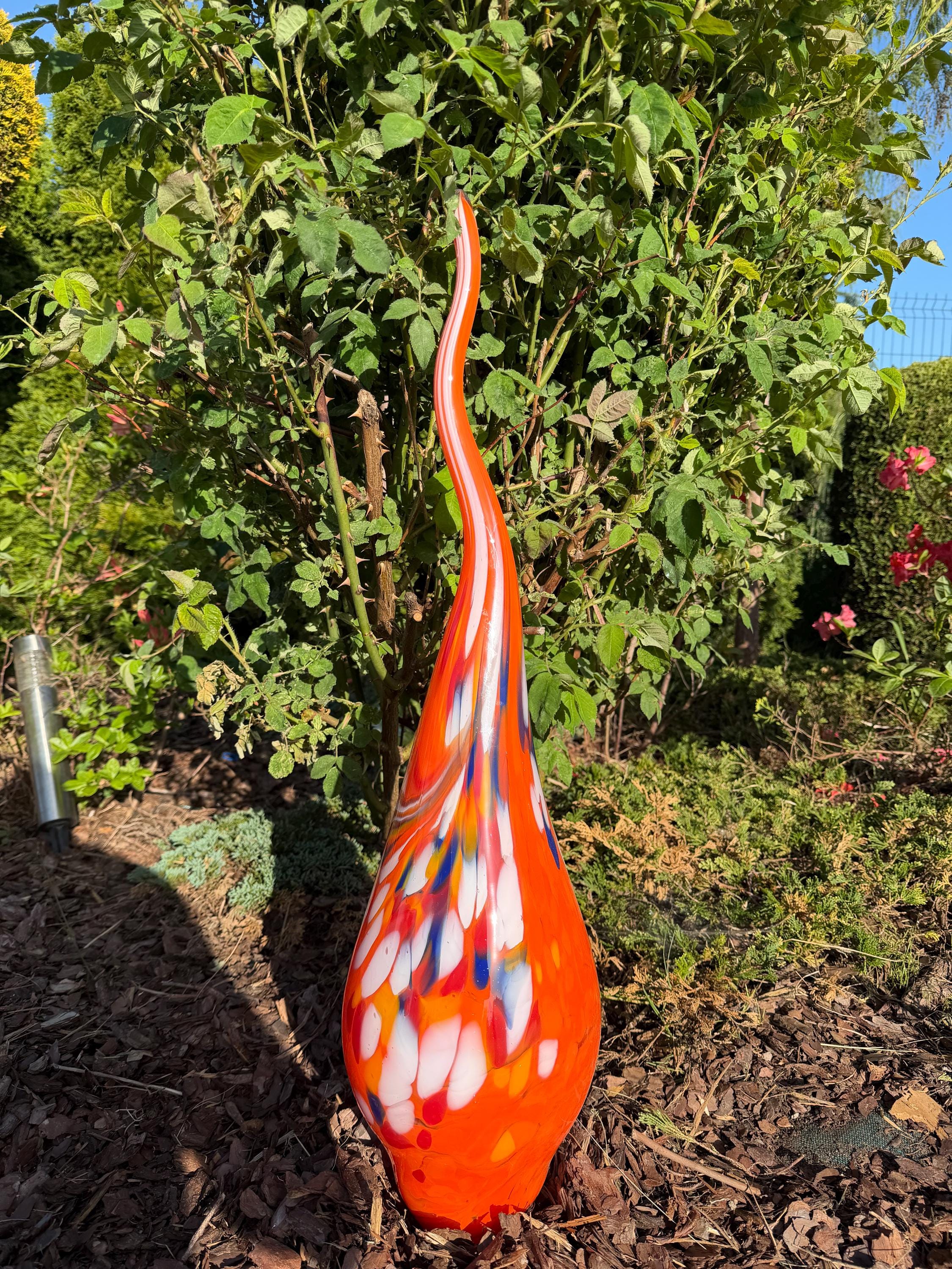 70cm Hand-Blown Multicolor Swirl Glass Flame Spire – Orange Red Garden Stake