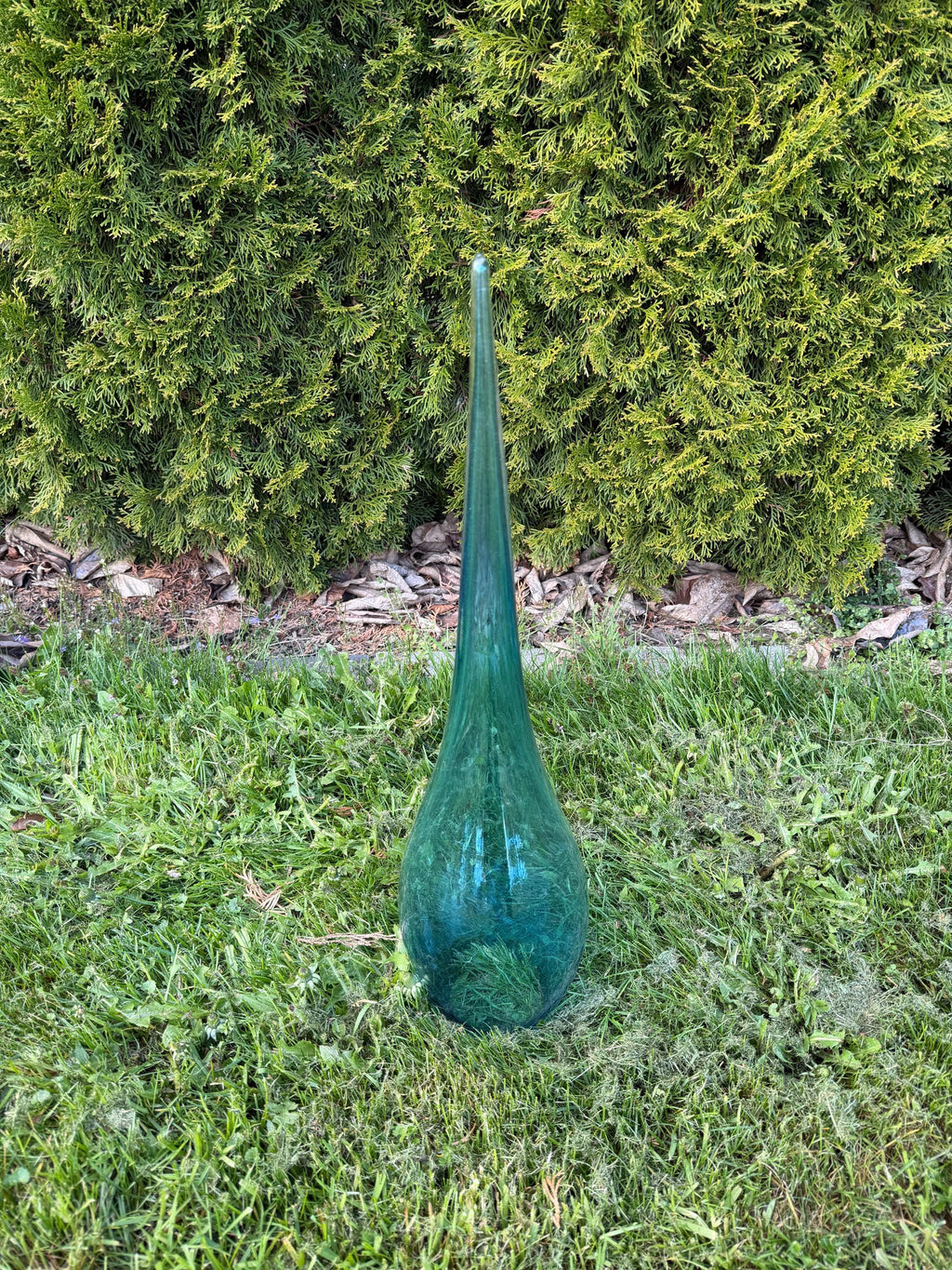 Hand Blown Teal Glass Garden Flame, 60cm Tall, Modern Art Stake Ornament