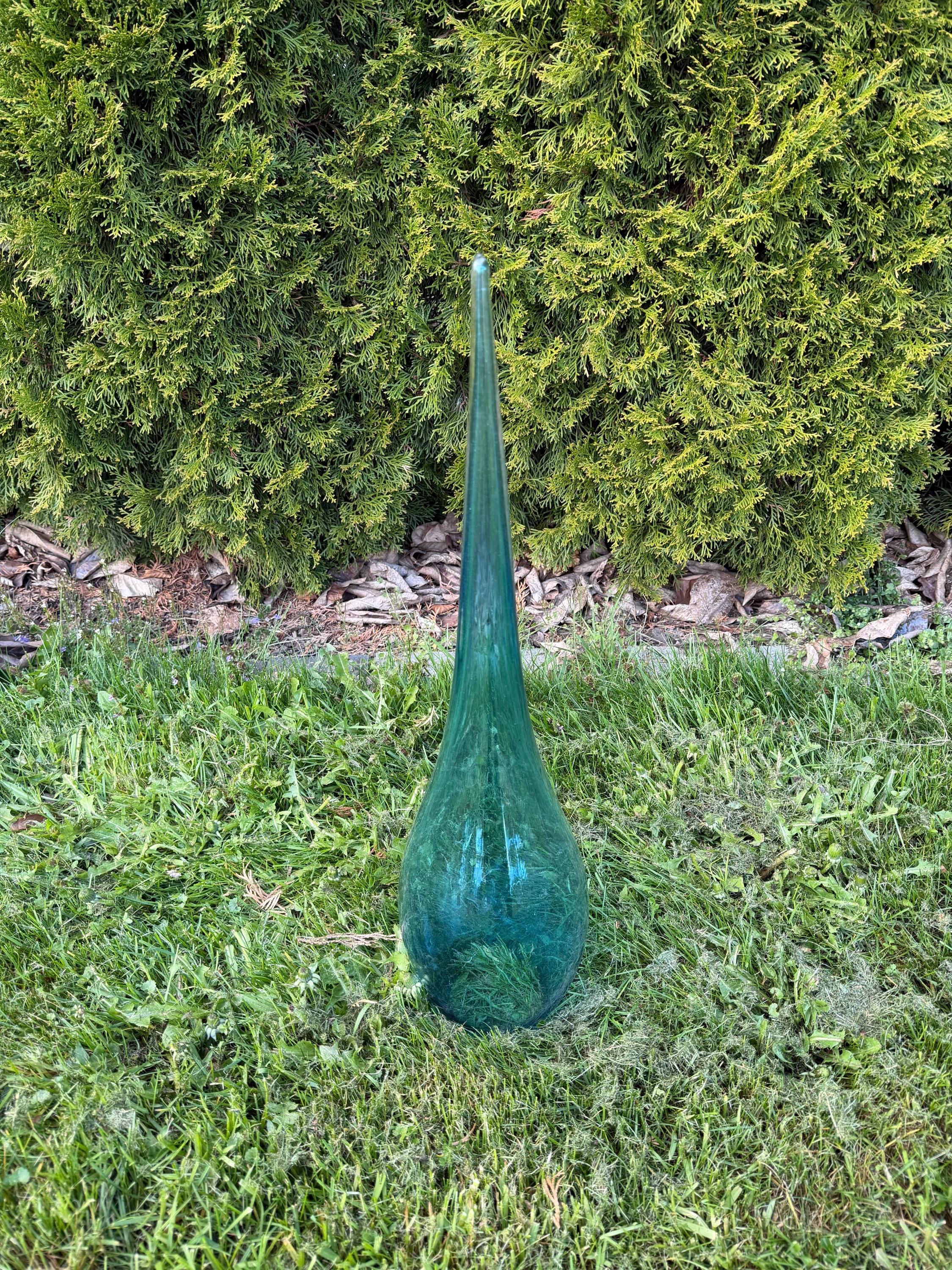 Hand Blown Teal Glass Garden Flame, 60cm Tall, Modern Art Stake Ornament