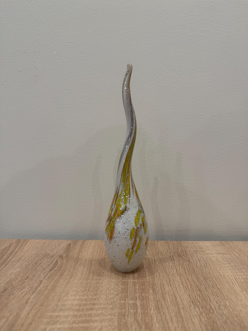 Hand Blown Glass Sculpture – White, Silver Flakes, Yellow-Orange Swirls, 30cm Accent