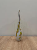 Hand Blown Glass Sculpture – White, Silver Flakes, Yellow-Orange Swirls, 30cm Accent