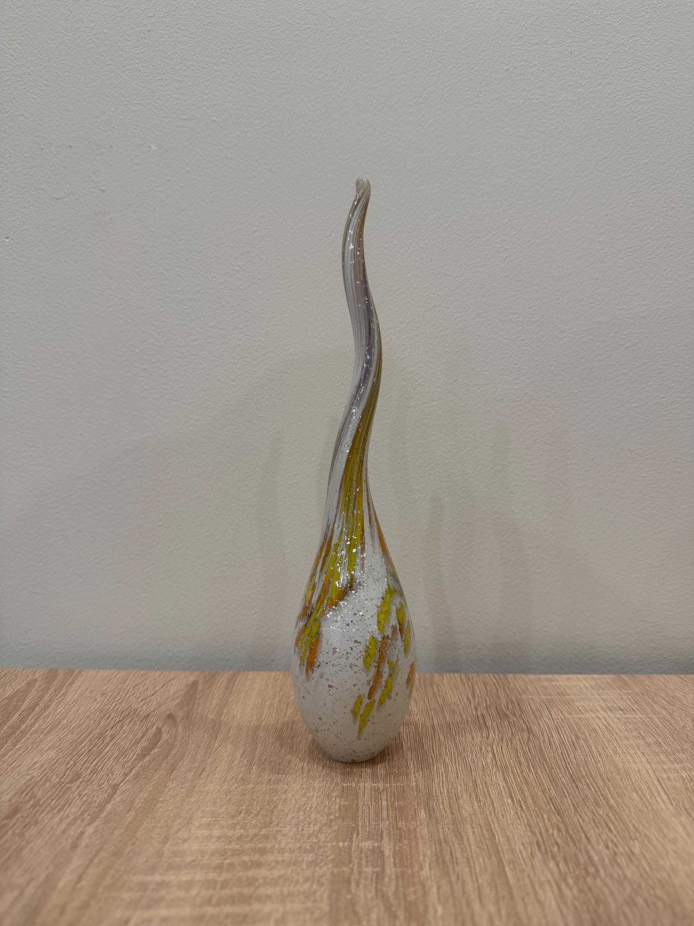 Hand Blown Glass Sculpture – White, Silver Flakes, Yellow-Orange Swirls, 30cm Accent