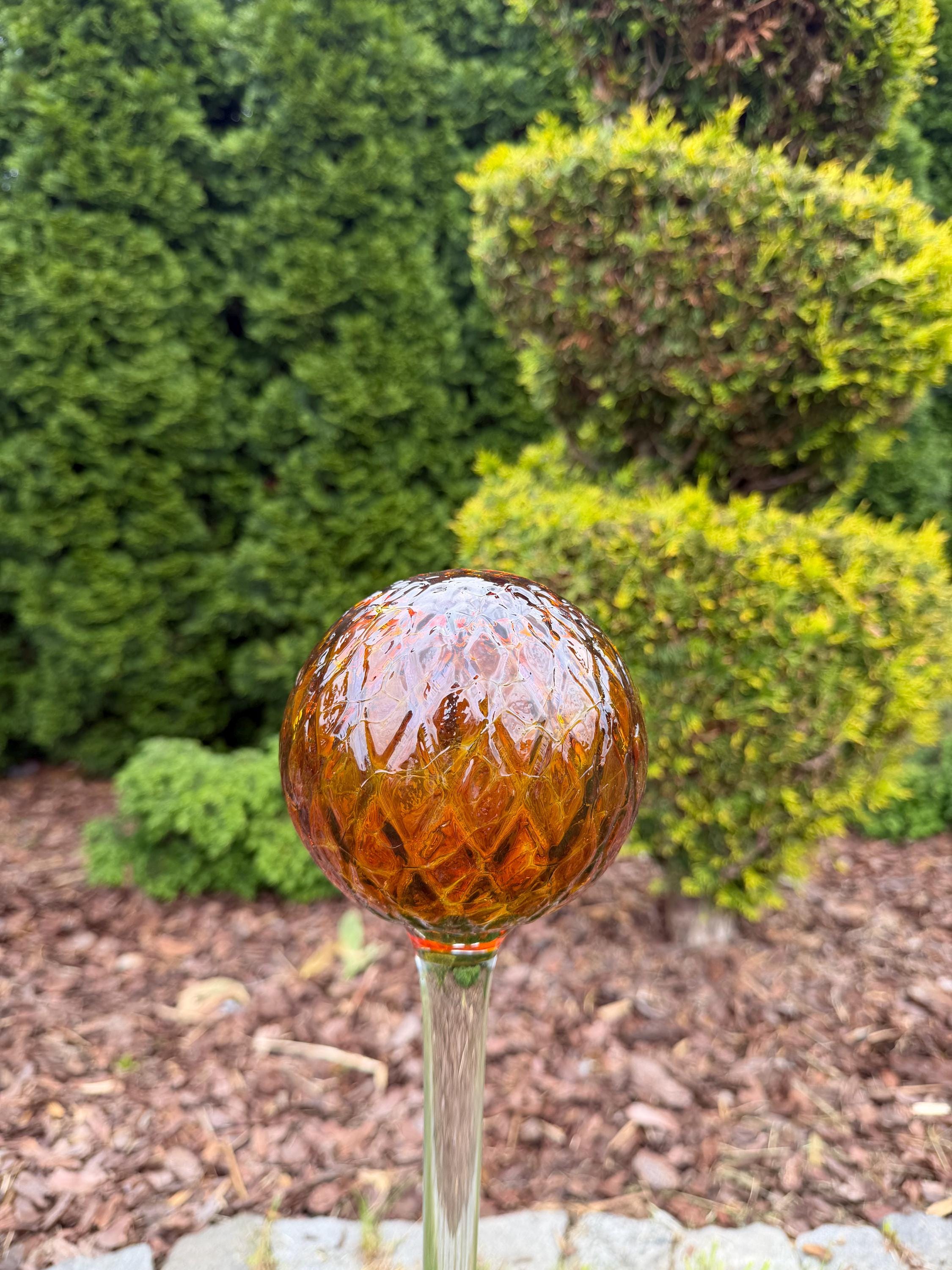70cm Hand-Blown Amber Glass Ball on Stake – 12cm Textured Gazing Ball – Outdoor Handmade Ornament