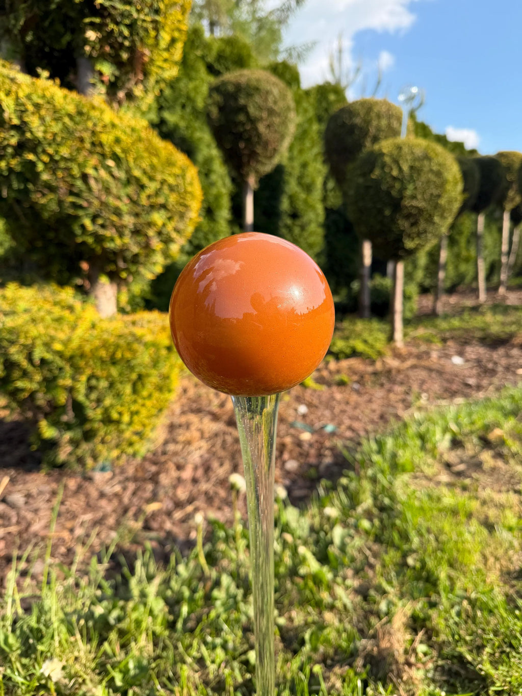 70cm Hand-Blown Orange Glass Garden Stake – 12cm Amber Sphere