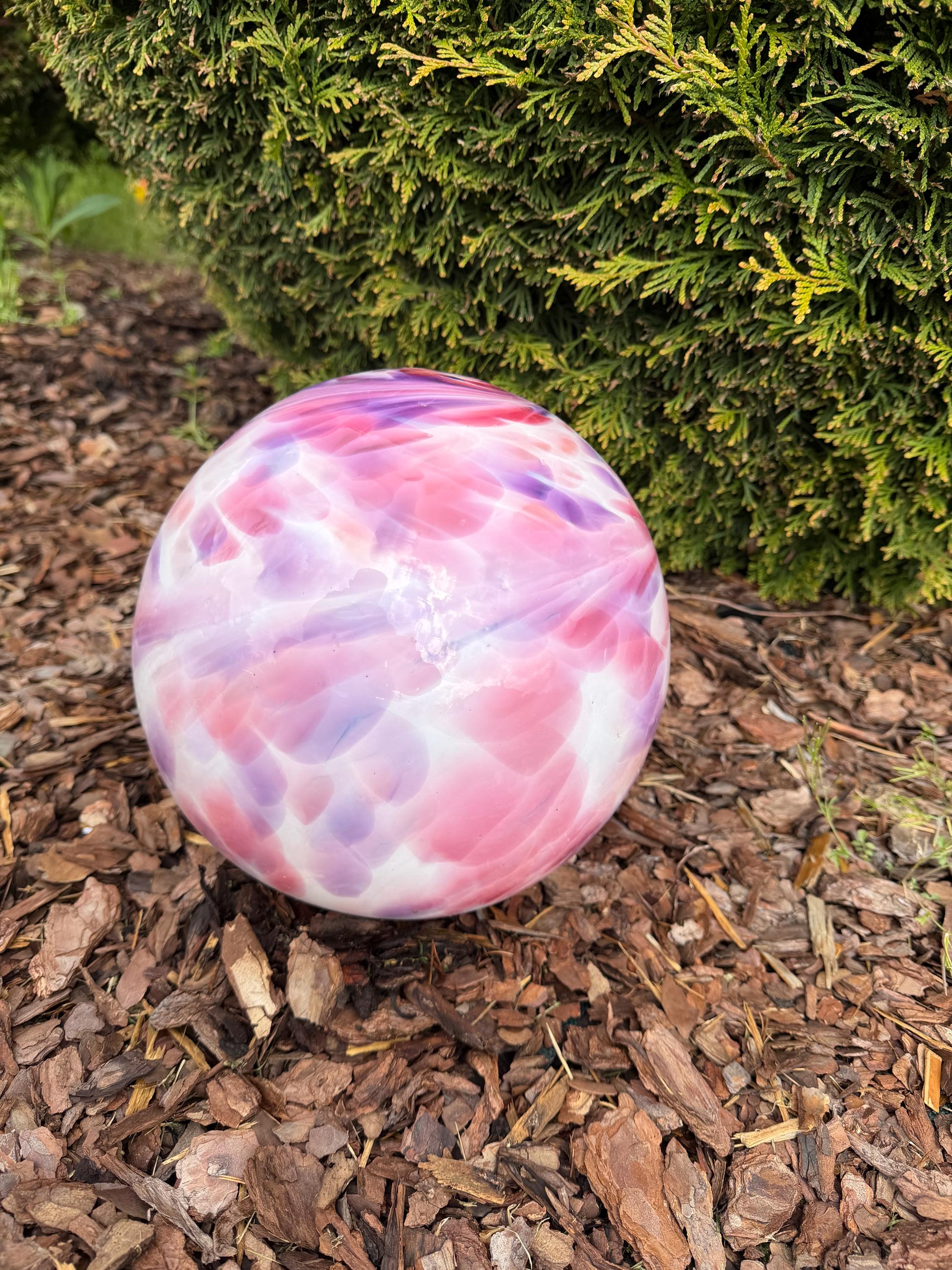 25cm Hand-Blown Glass Garden Sphere – Pink Purple White Swirl Large Gazing Ball