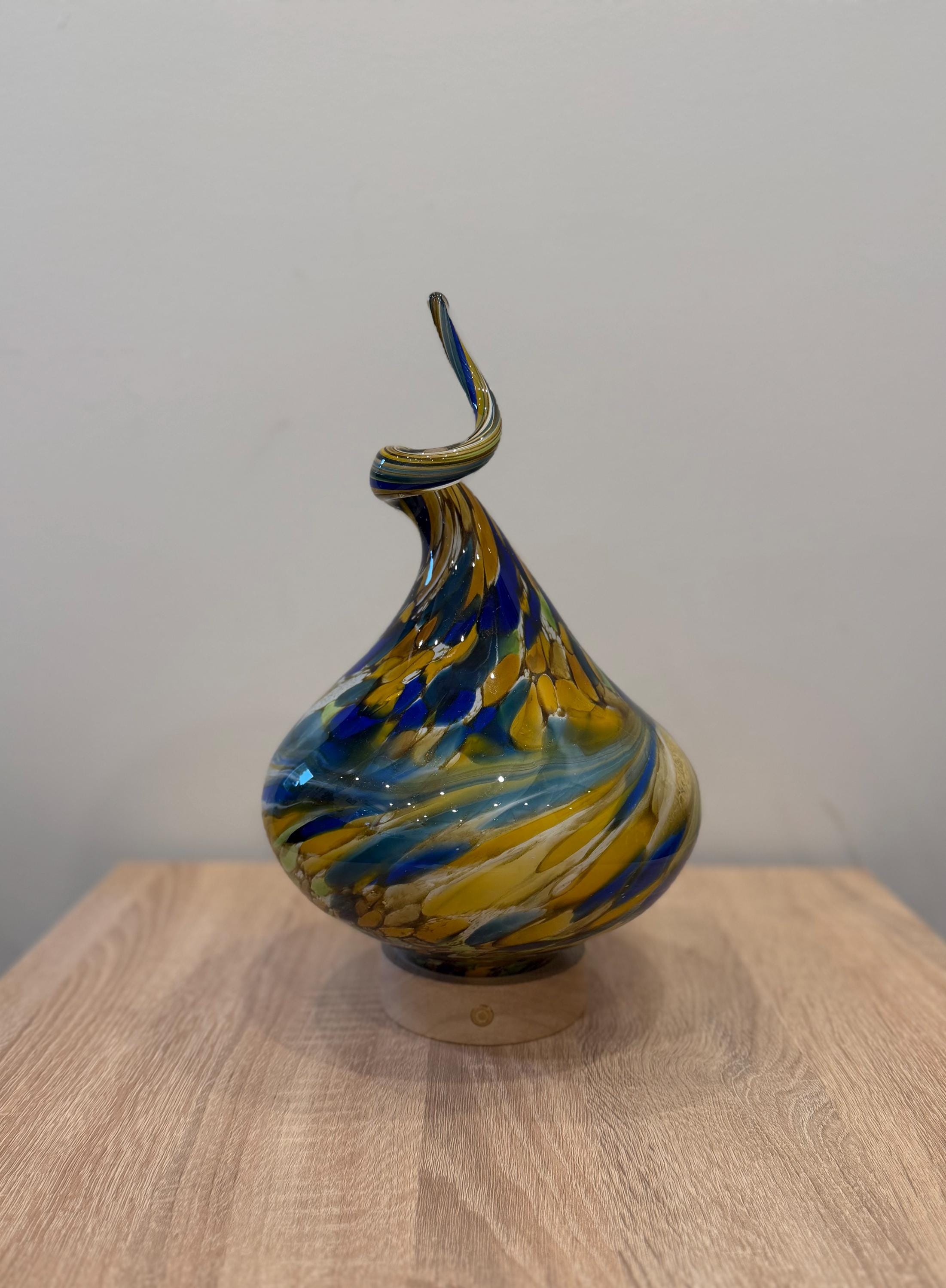 Hand-Blown Glass Swirl Lamp – Blue Yellow Artistic Accent Light (Battery Operated)