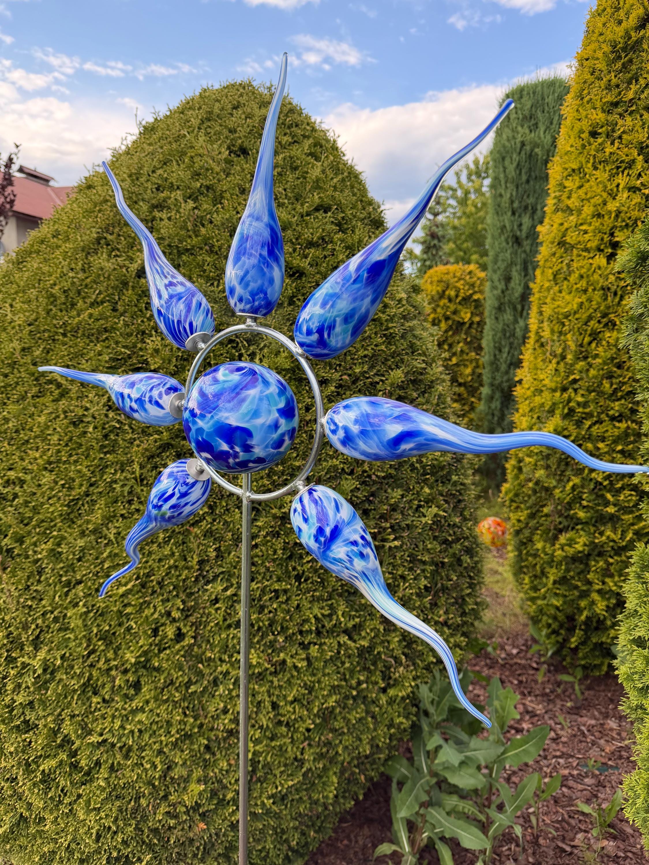 160cm Hand-Blown Blue Glass Sun Garden Stake – Metal Yard Art Sculpture – Outdoor Garden Decor