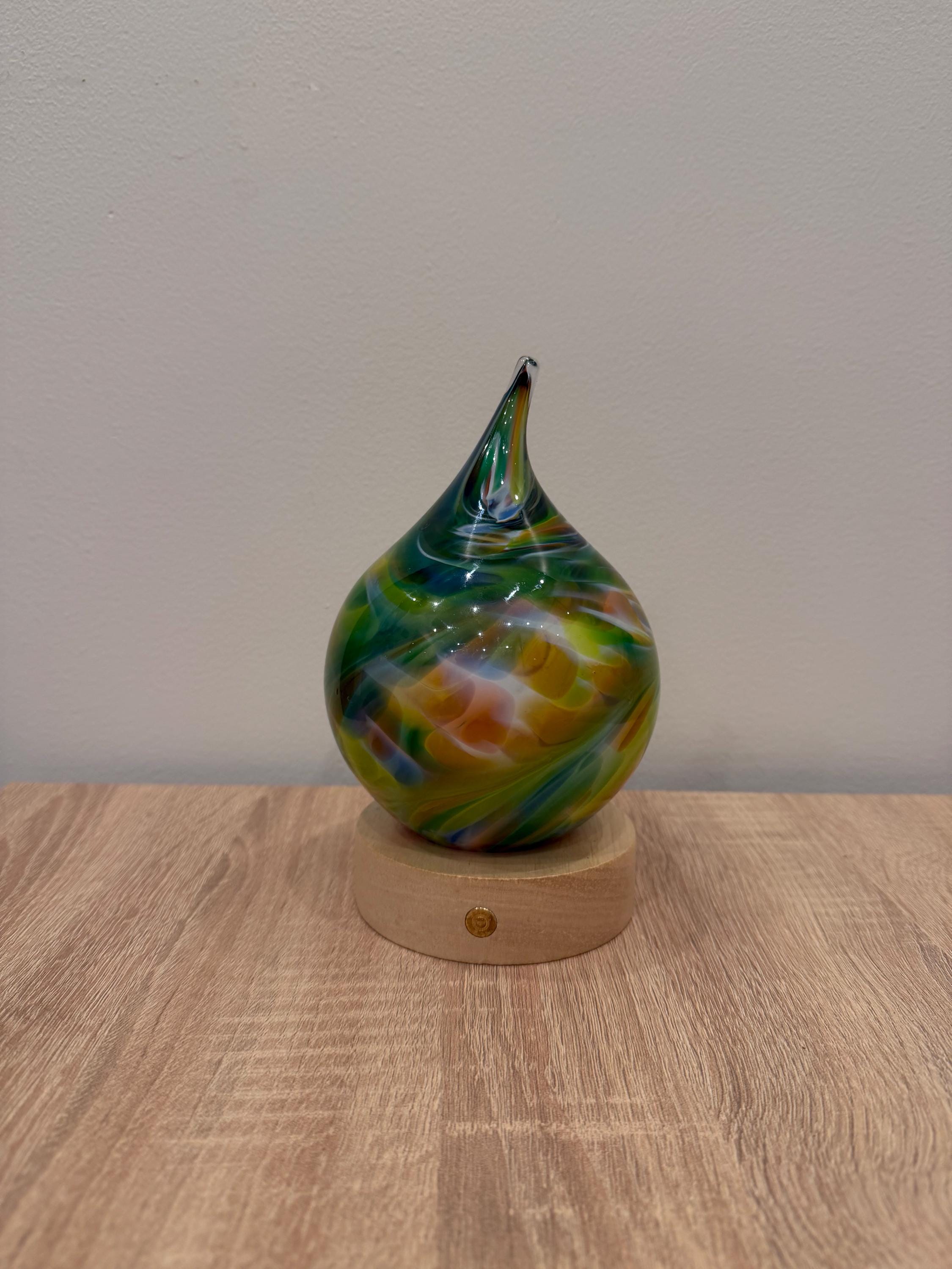 12cm Hand-Blown Rainbow Swirl Teardrop Glass Lamp – Color Changing LED Touch Light Wooden Base