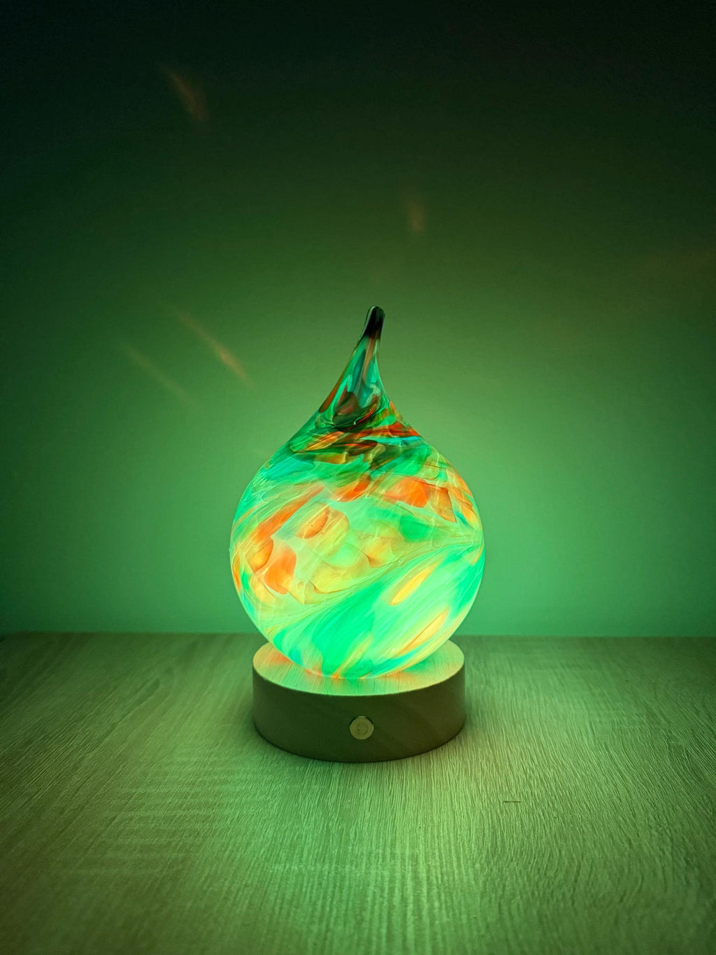 12cm Hand-Blown Rainbow Swirl Teardrop Glass Lamp – Color Changing LED Touch Light Wooden Base