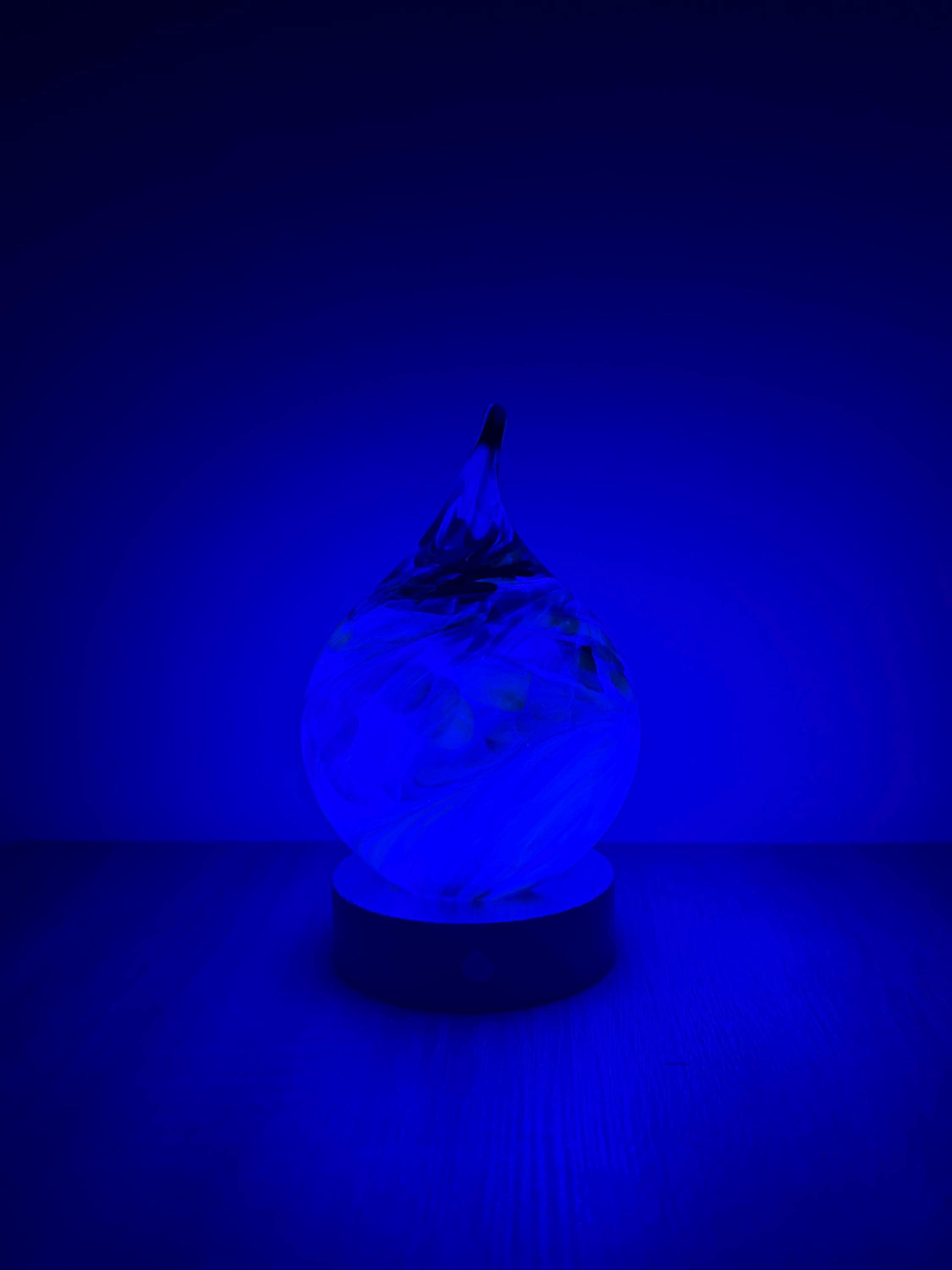 12cm Hand-Blown Rainbow Swirl Teardrop Glass Lamp – Color Changing LED Touch Light Wooden Base