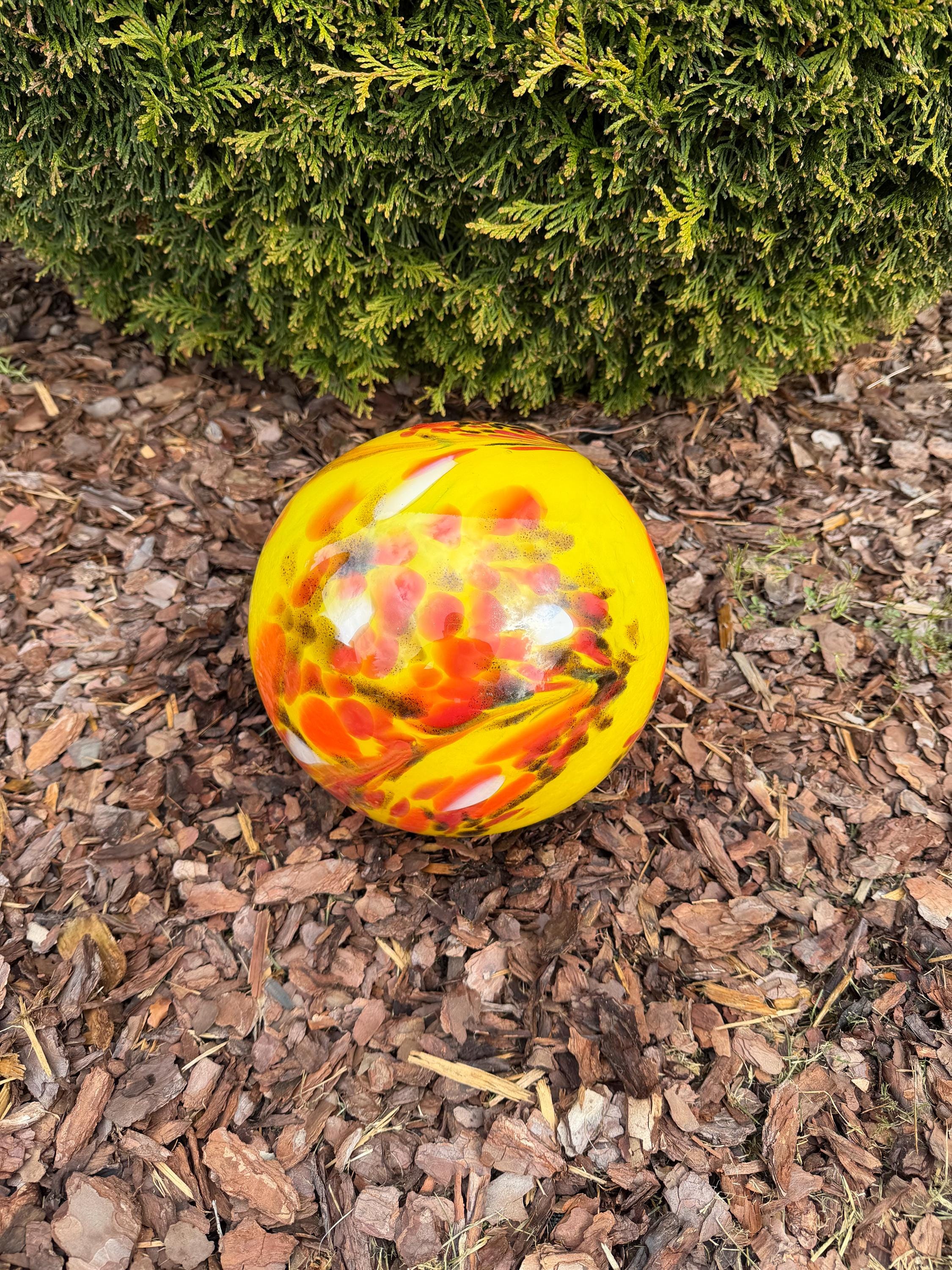 25cm Hand-Blown Glass Garden Sphere – Yellow Red Orange Black Speckled Crackle Gazing Ball