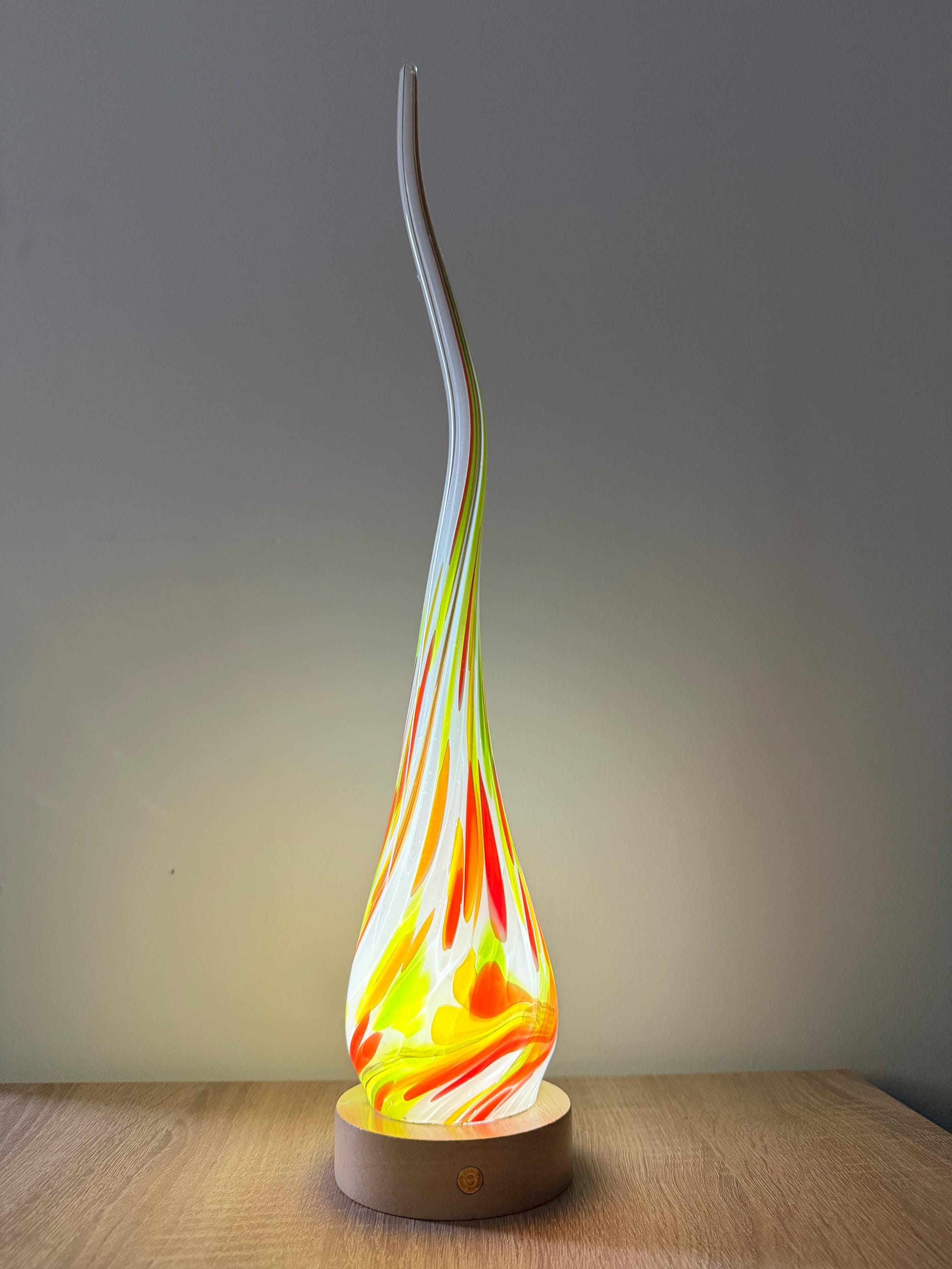 50cm Hand-Blown Fire Flame Glass Lamp – Color Changing LED Touch Light Wooden Base