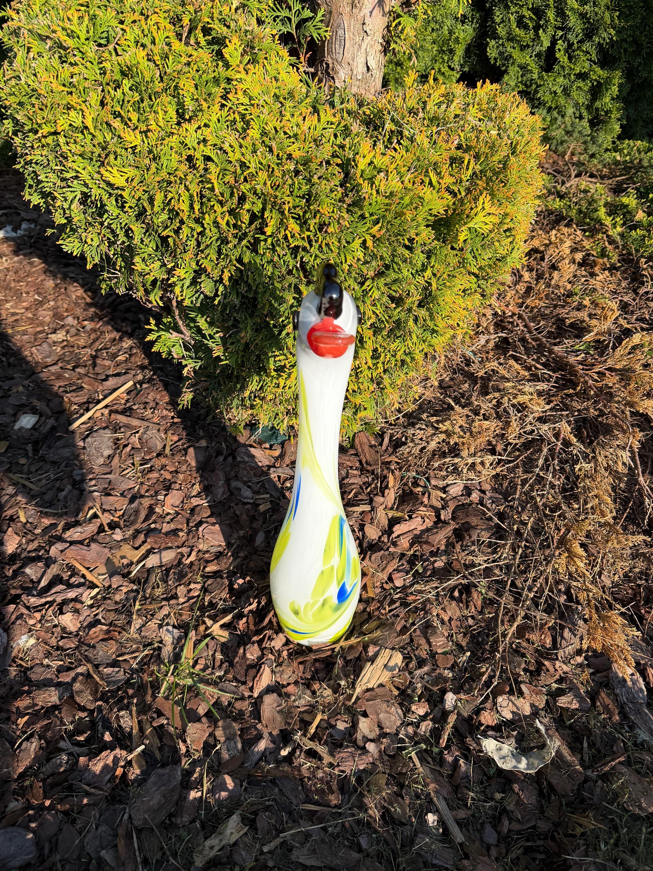 45cm Hand-Blown White Swan Goose Glass Sculpture – Colorful Swirl Bird Figurine