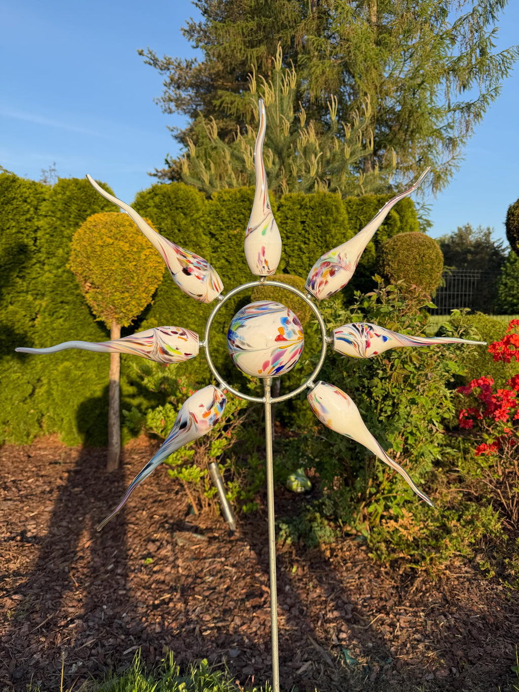 160cm Hand-Blown Multicolor Glass Sun Sculpture – 12cm Sphere with 30cm Flames Garden Art