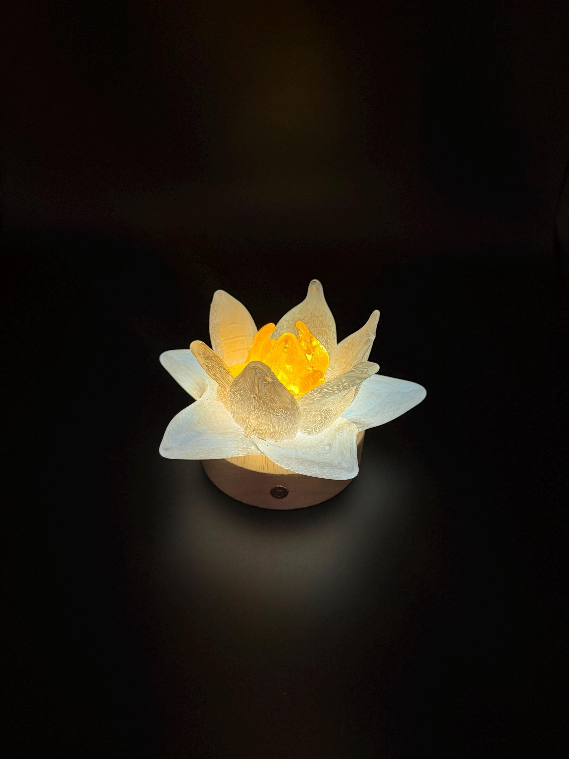 12cm Hand-Blown Glass Flower Lamp – White Petals, Wooden Base, Touch Control Night Light