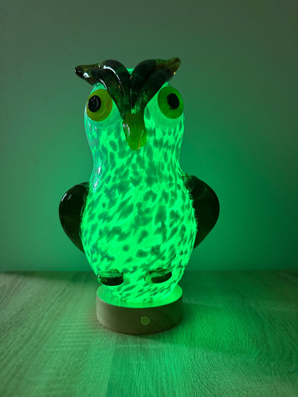 25cm Hand-Blown Glass Owl Lamp – Color Changing LED Touch Light Wooden Base