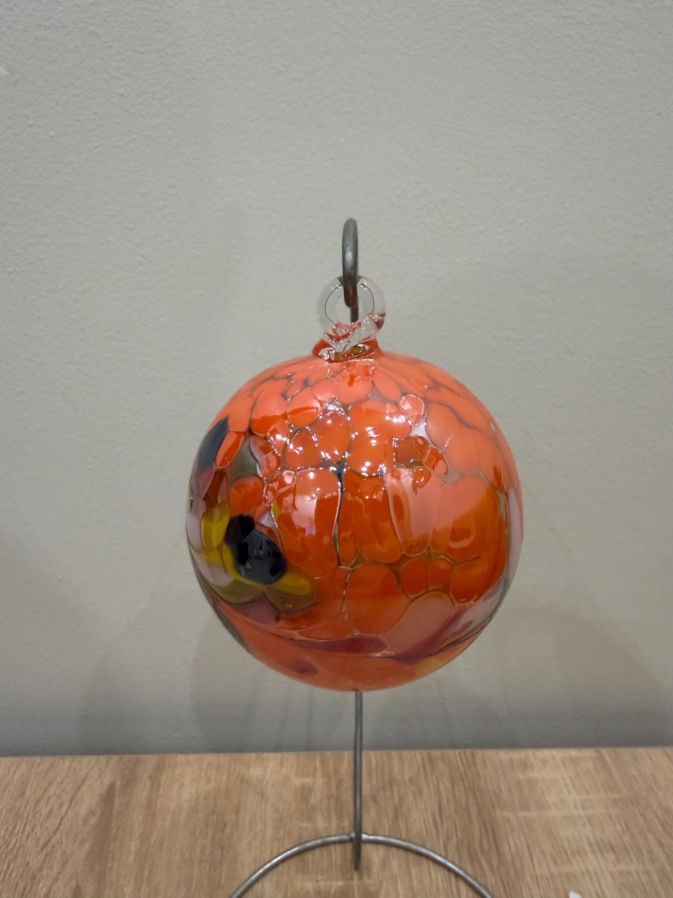 Handcrafted Art Glass Sphere | Orange & Multicolor Hanging Glass Bauble | Window Suncatcher | Home Decor