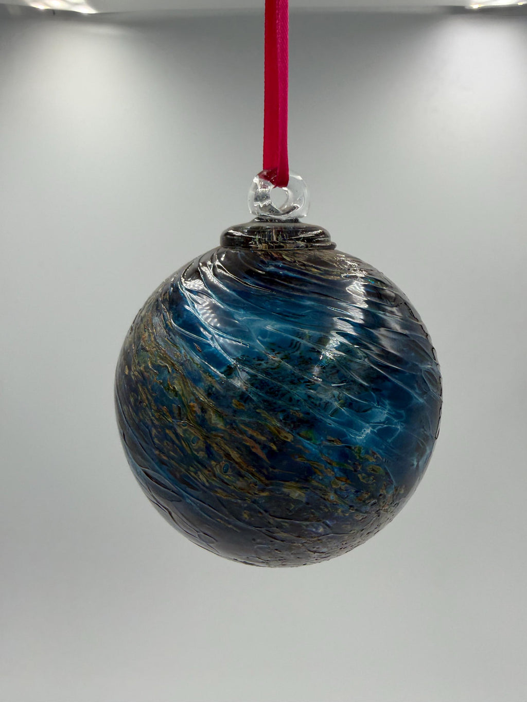 10cm Hand-Blown Blue Gold Black Swirl Glass Ornament – Dark Hanging Ball