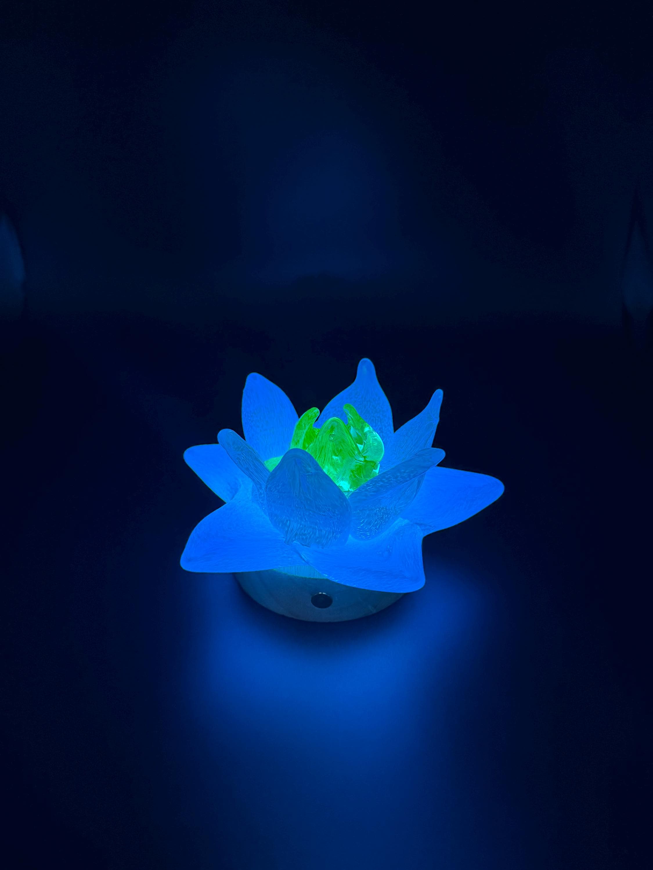 12cm Hand-Blown Glass Flower Lamp – White Petals, Wooden Base, Touch Control Night Light
