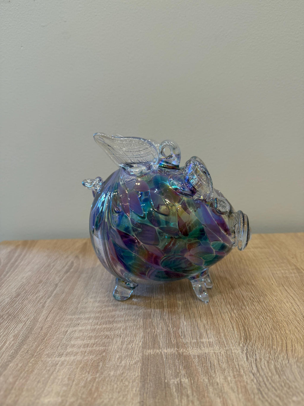 Hand-Blown Glass Flying Pig Ornament 9cm – Iridescent Multicolor Crackle – Hanging Art Glass Figurine