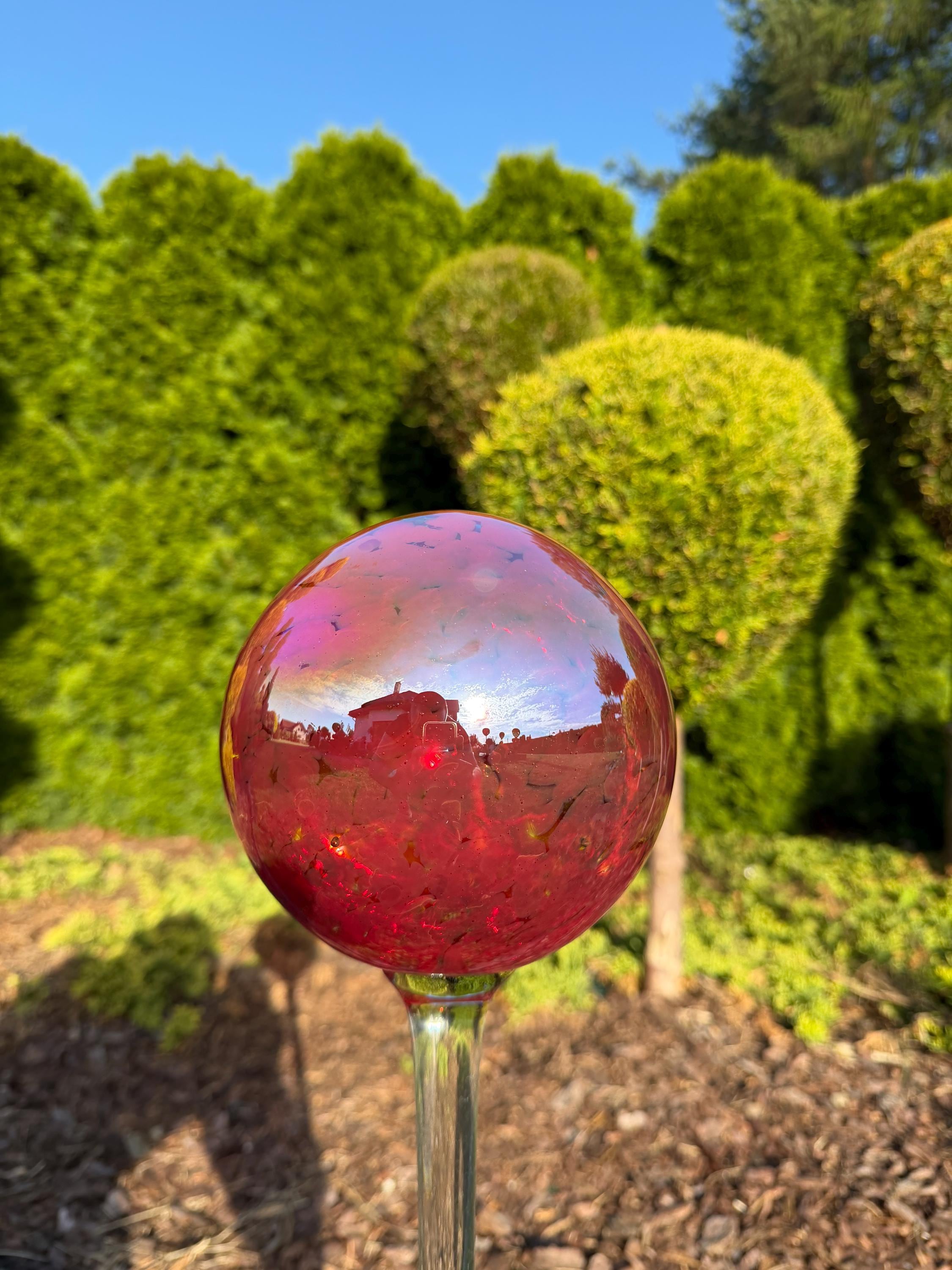 15cm Iridescent Red Glass Garden Stake - Hand Blown Garden Globe - 80cm Outdoor Decor