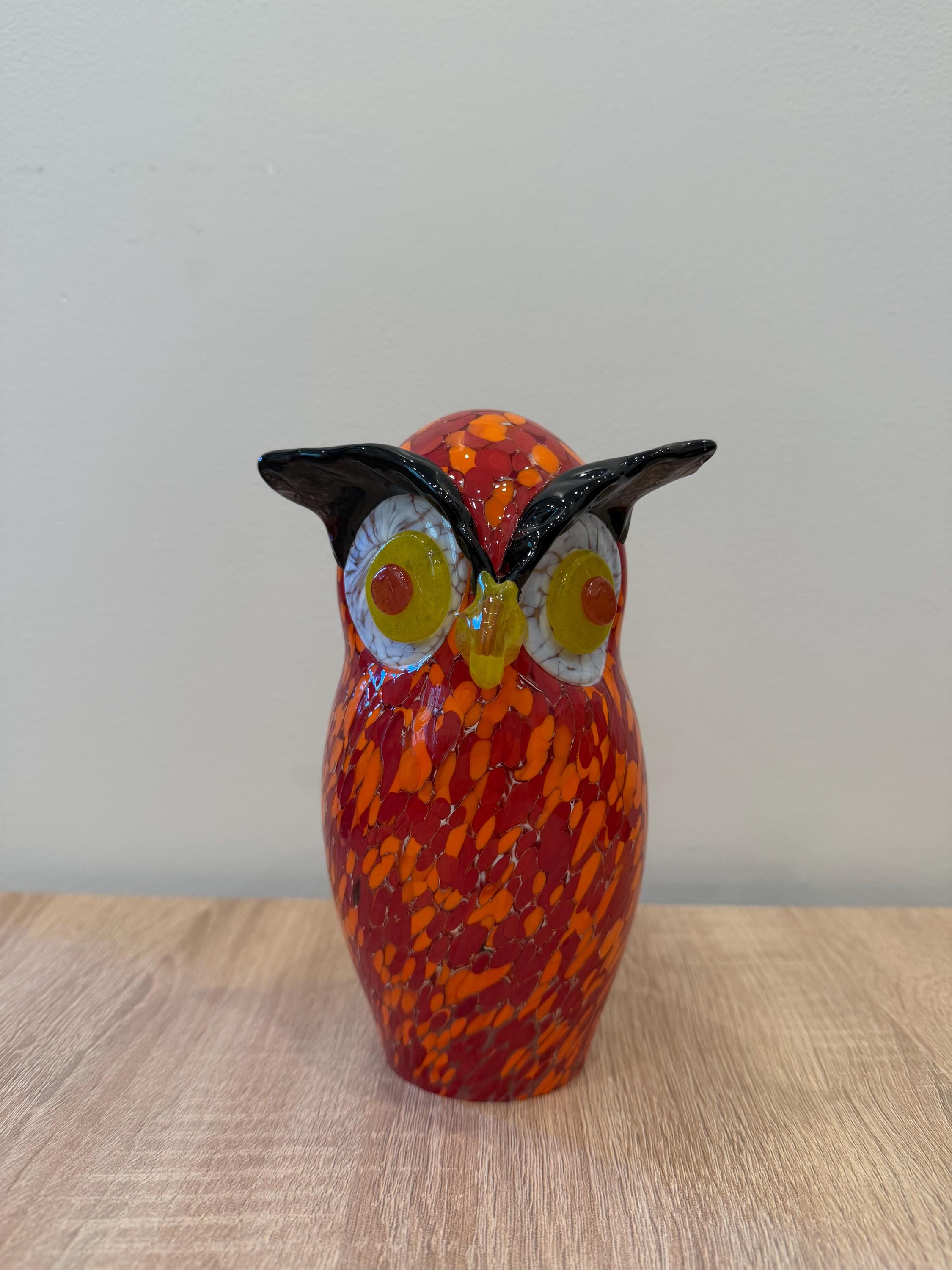 15cm Hand-Blown Red Orange Glass Owl Figurine – Colorful Art Glass Sculpture
