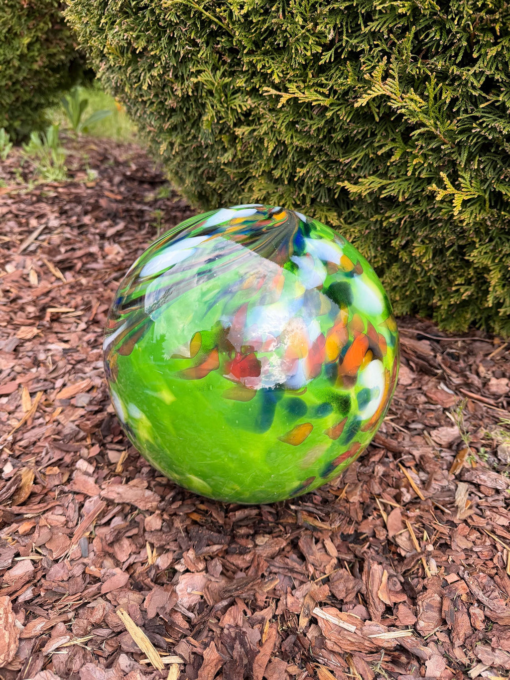 30cm Hand-Blown Glass Garden Sphere – Multicolor Green Swirl Large Gazing Ball