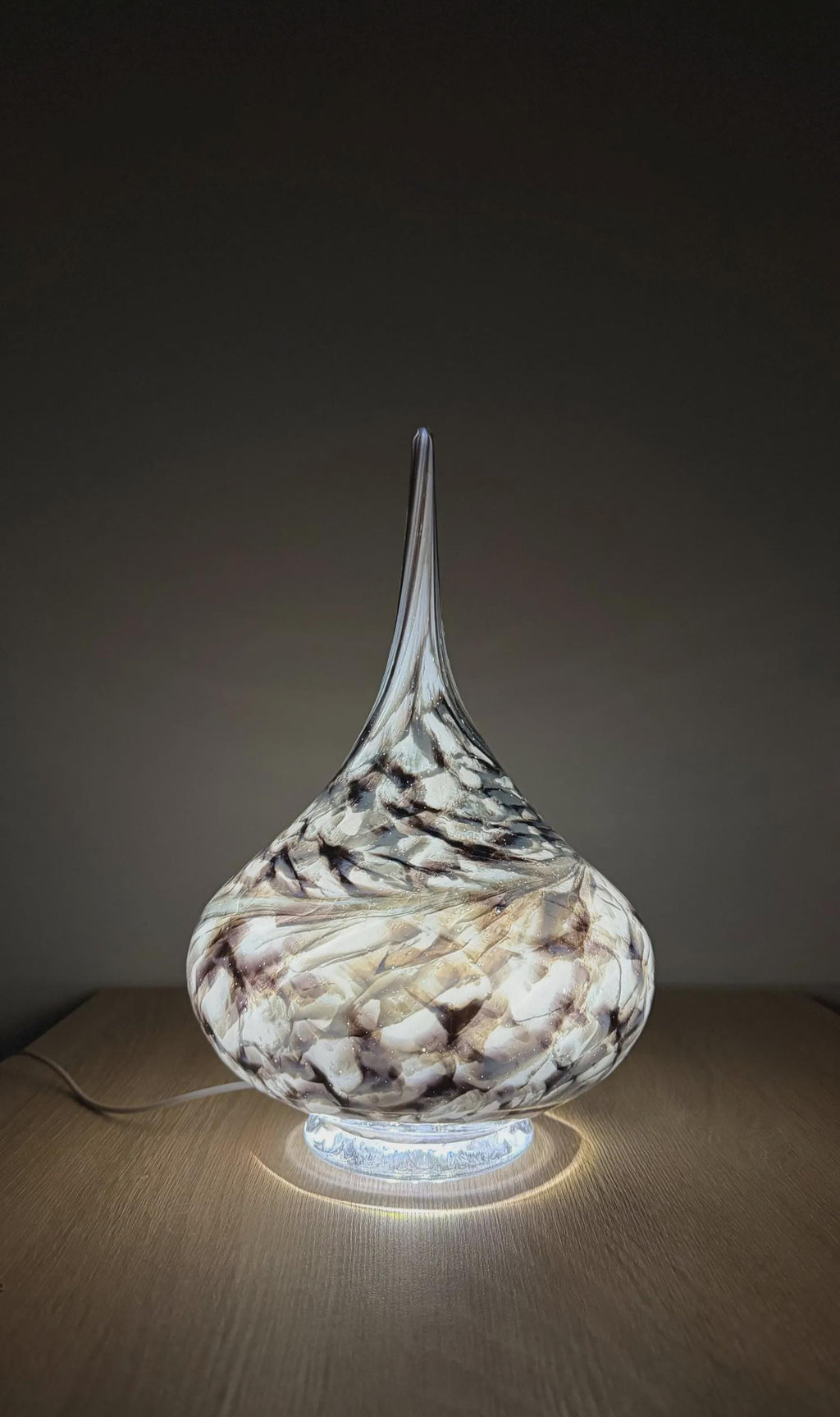 Hand-Blown Glass Teardrop Lamp 25cm – Blue Black White Swirl LED Night Light (USB Powered)