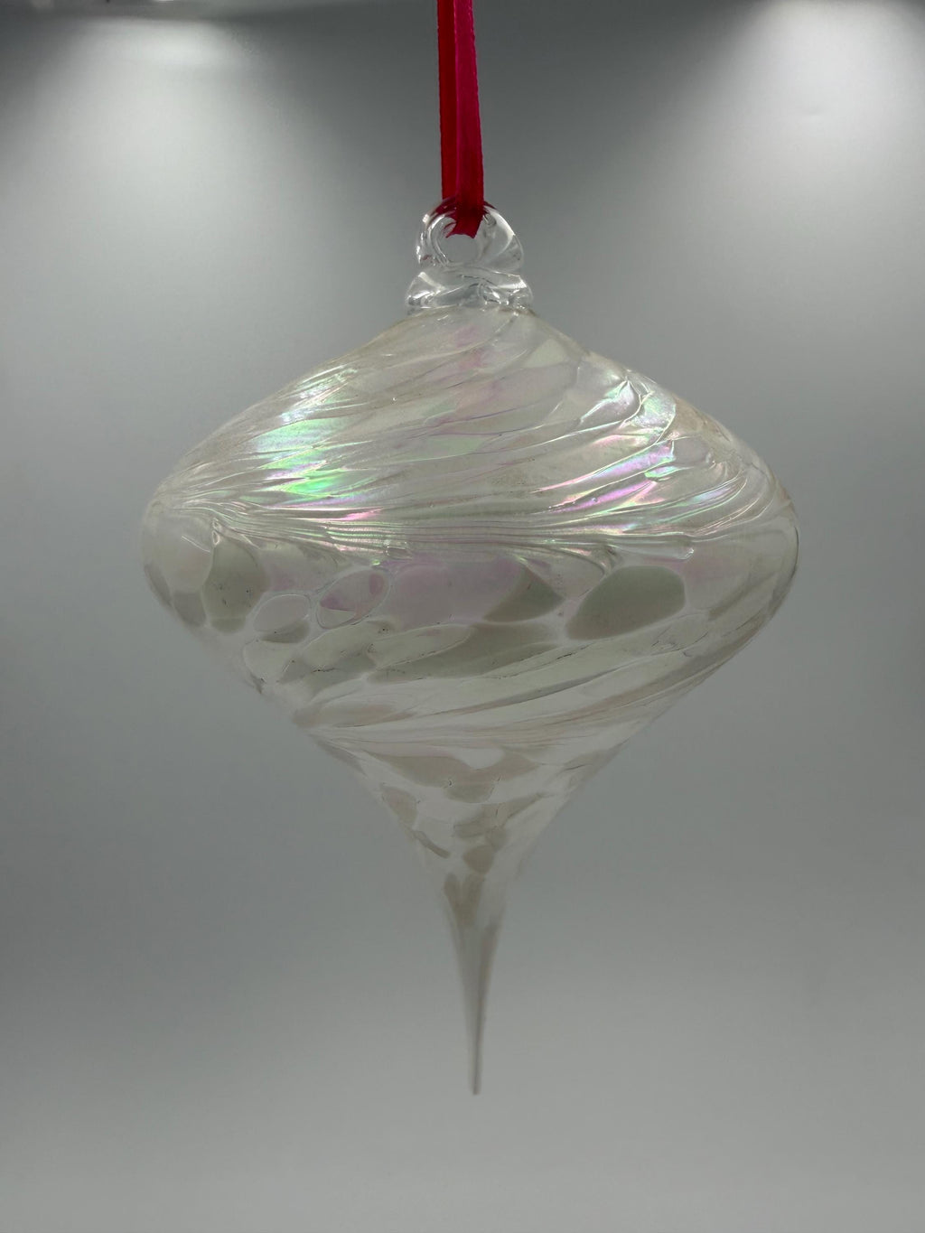12cm Hand-Blown Iridescent Teardrop Glass Ornament – Pink Rainbow Swirl Hanging Decoration