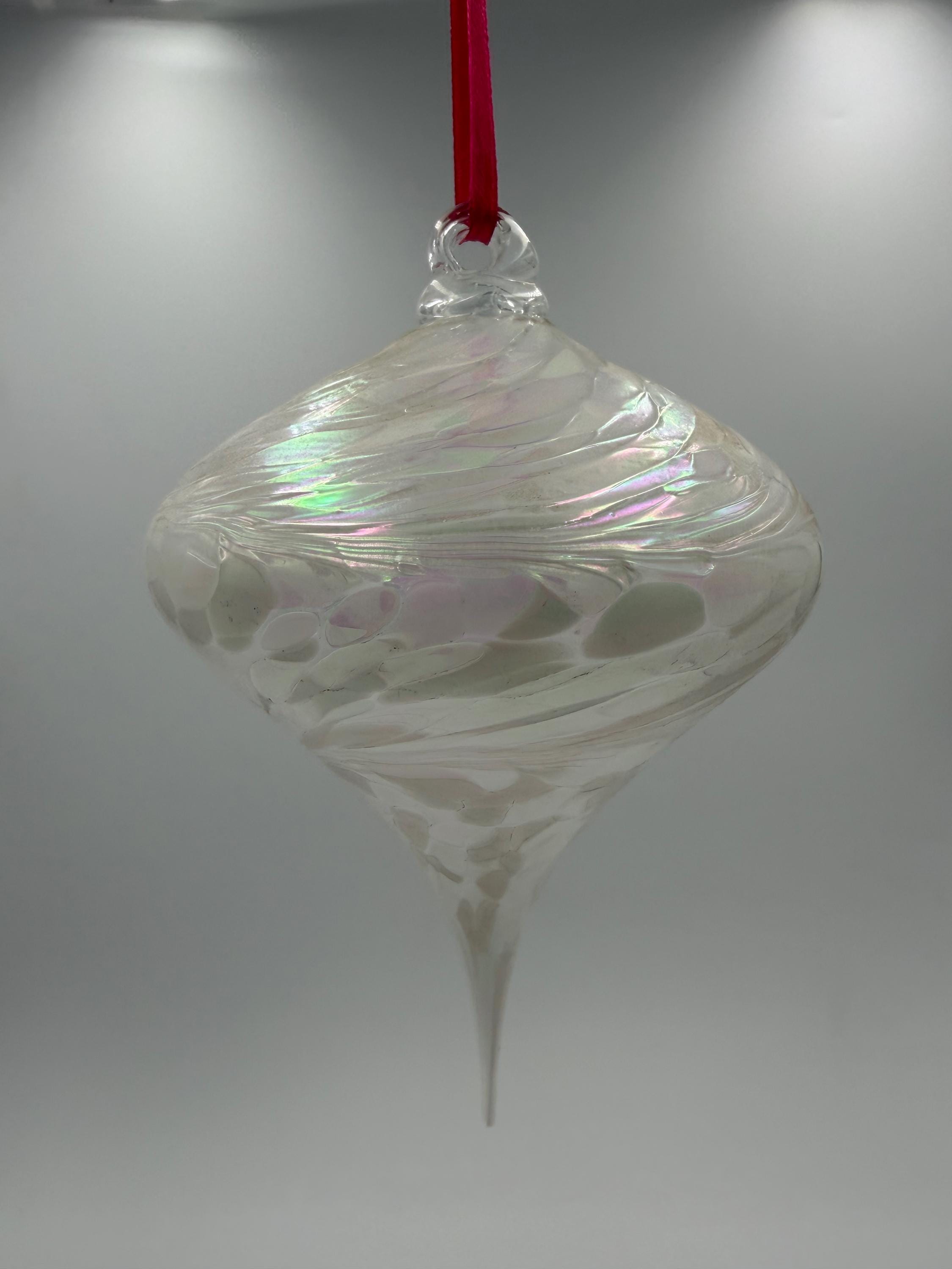 12cm Hand-Blown Iridescent Teardrop Glass Ornament – Pink Rainbow Swirl Hanging Decoration