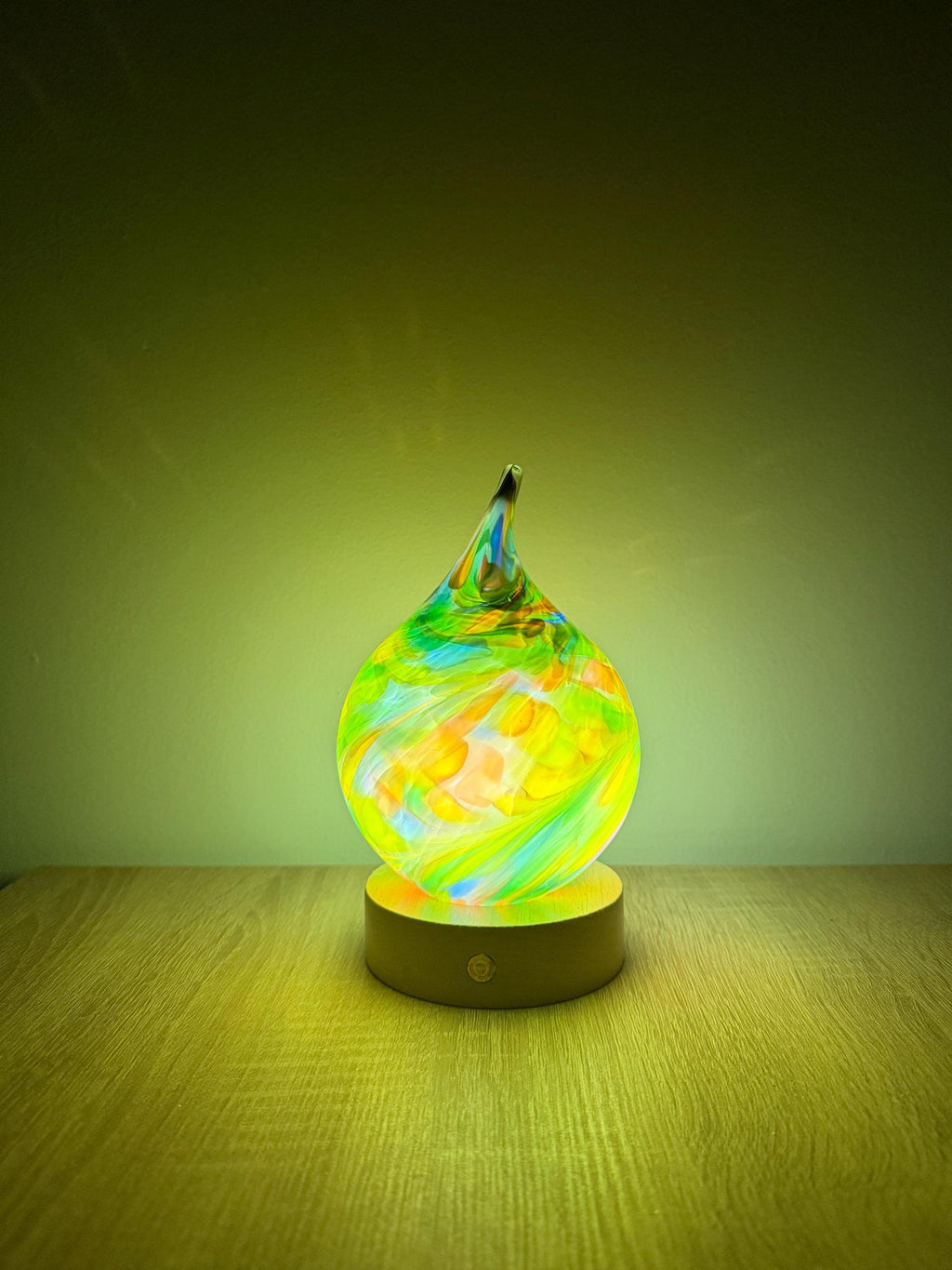 12cm Hand-Blown Rainbow Swirl Teardrop Glass Lamp – Color Changing LED Touch Light Wooden Base