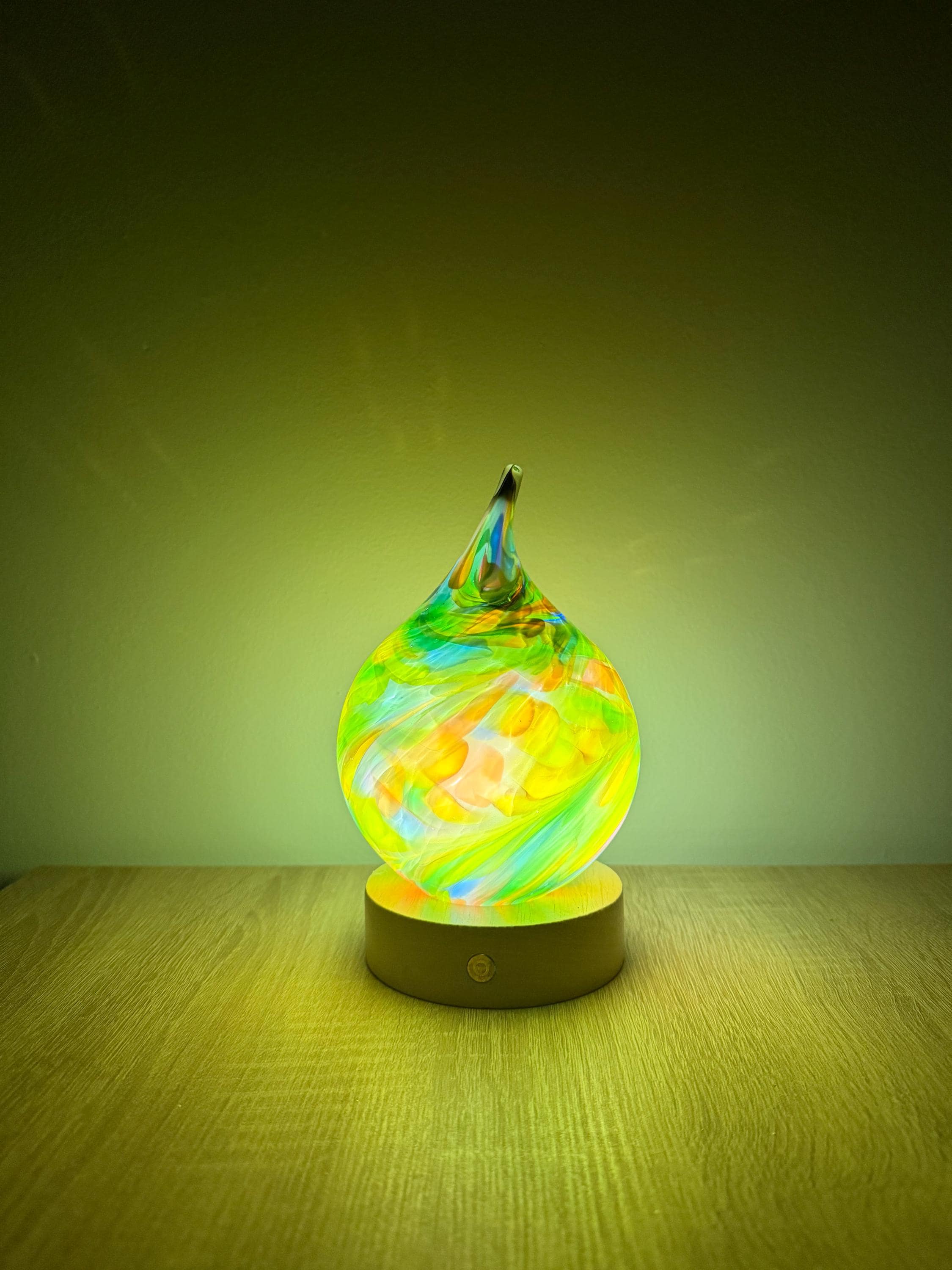 12cm Hand-Blown Rainbow Swirl Teardrop Glass Lamp – Color Changing LED Touch Light Wooden Base
