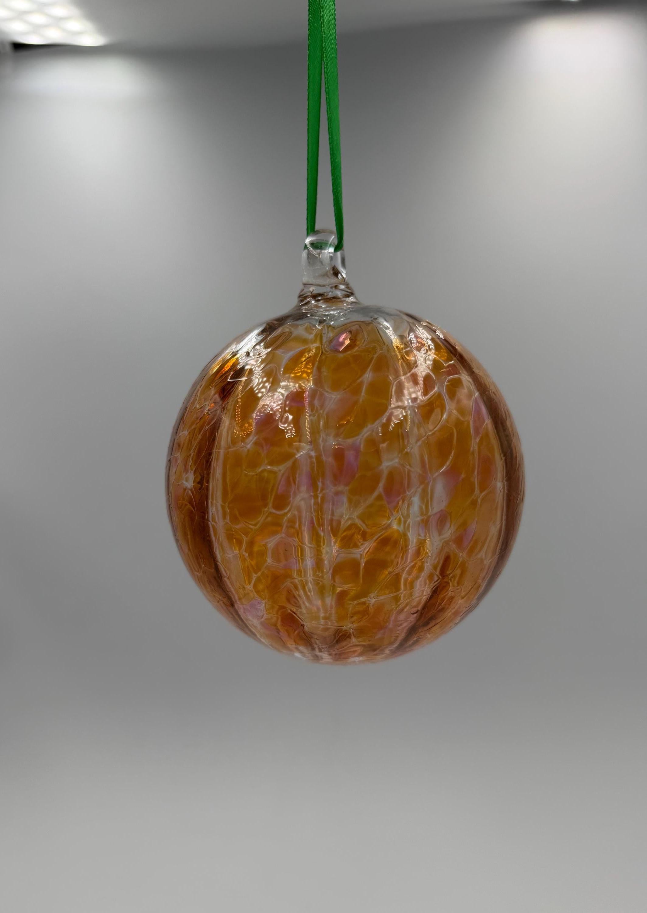 10cm Hand-Blown Amber Crackle Glass Ornament – Orange Gold Hanging Ball Suncatcher