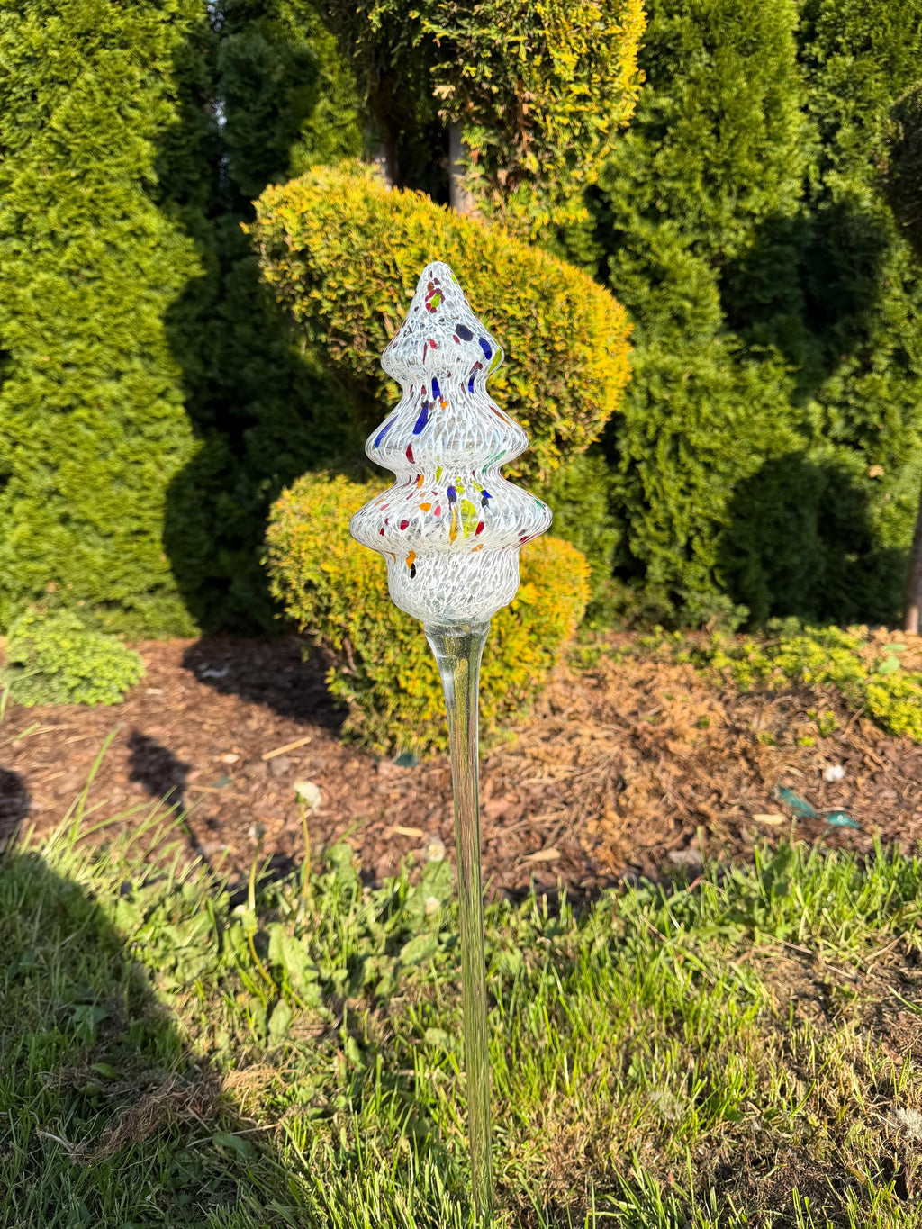 75cm Hand-Blown Glass Tree Garden Stake – Multicolor Confetti Crackle Tree 20cm