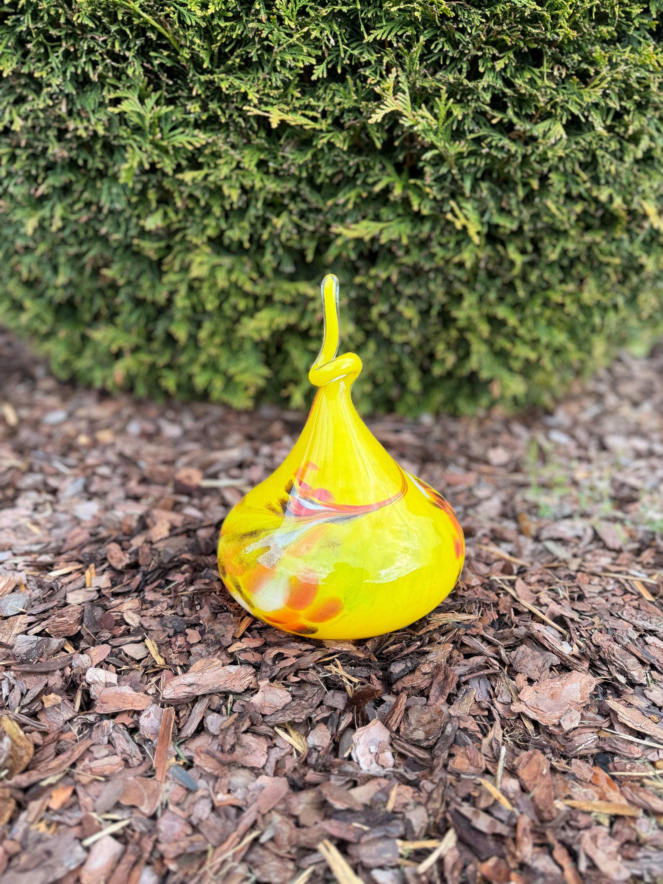 30cm Hand-Blown Glass Teardrop – Yellow Red Orange Swirl Garden Decor / Sculpture