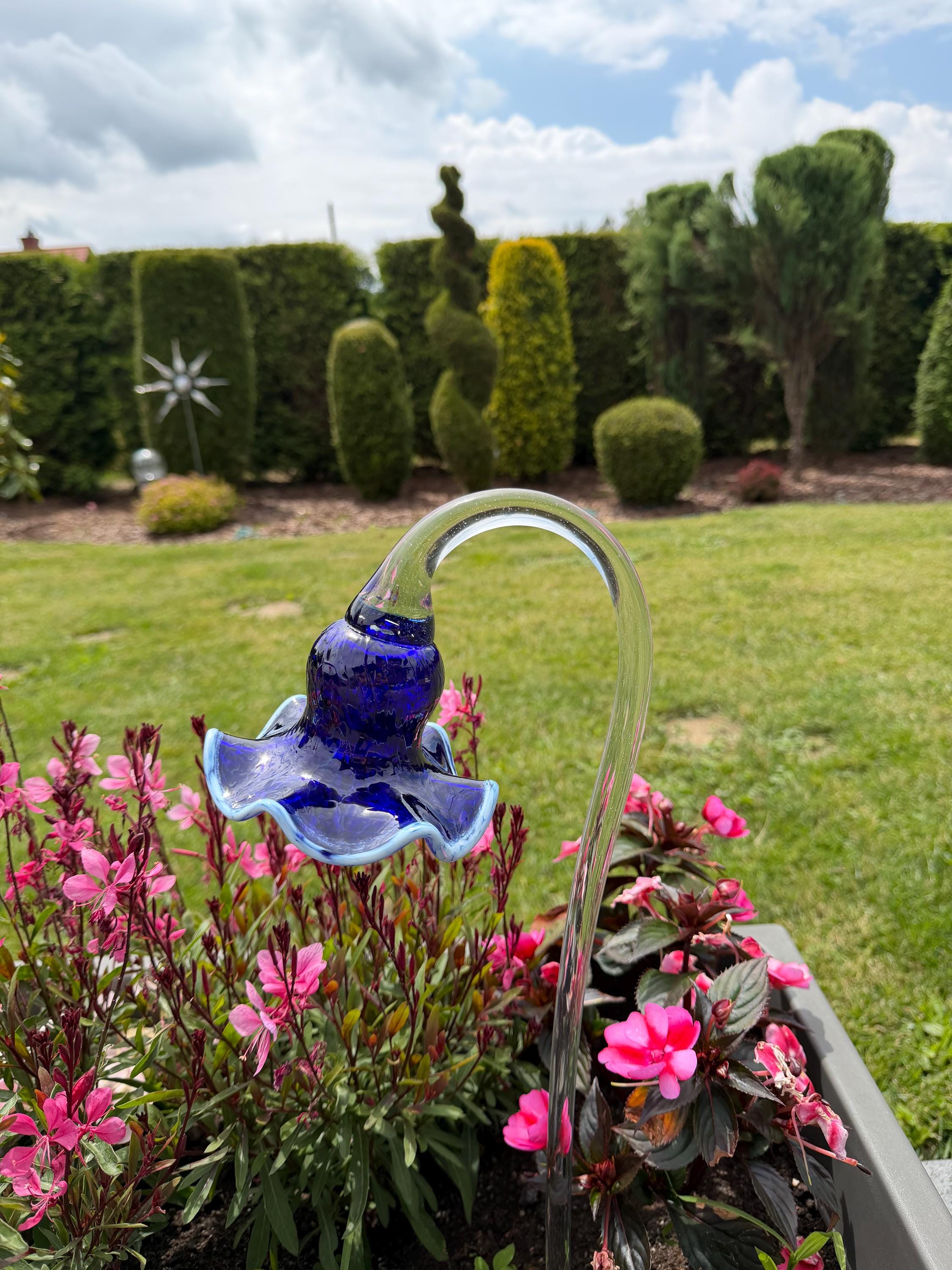 12cm Blue Glass Flower Garden Stake With White Edges - Hand Blown Art - 50cm Decor