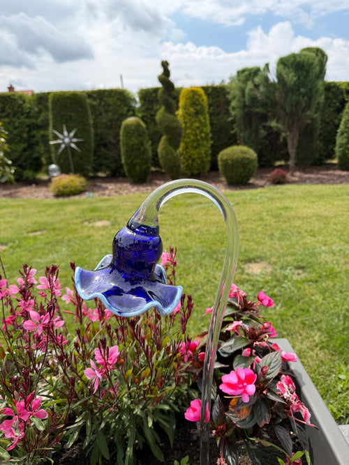 12cm Blue Glass Flower Garden Stake With White Edges - Hand Blown Art - 50cm Decor