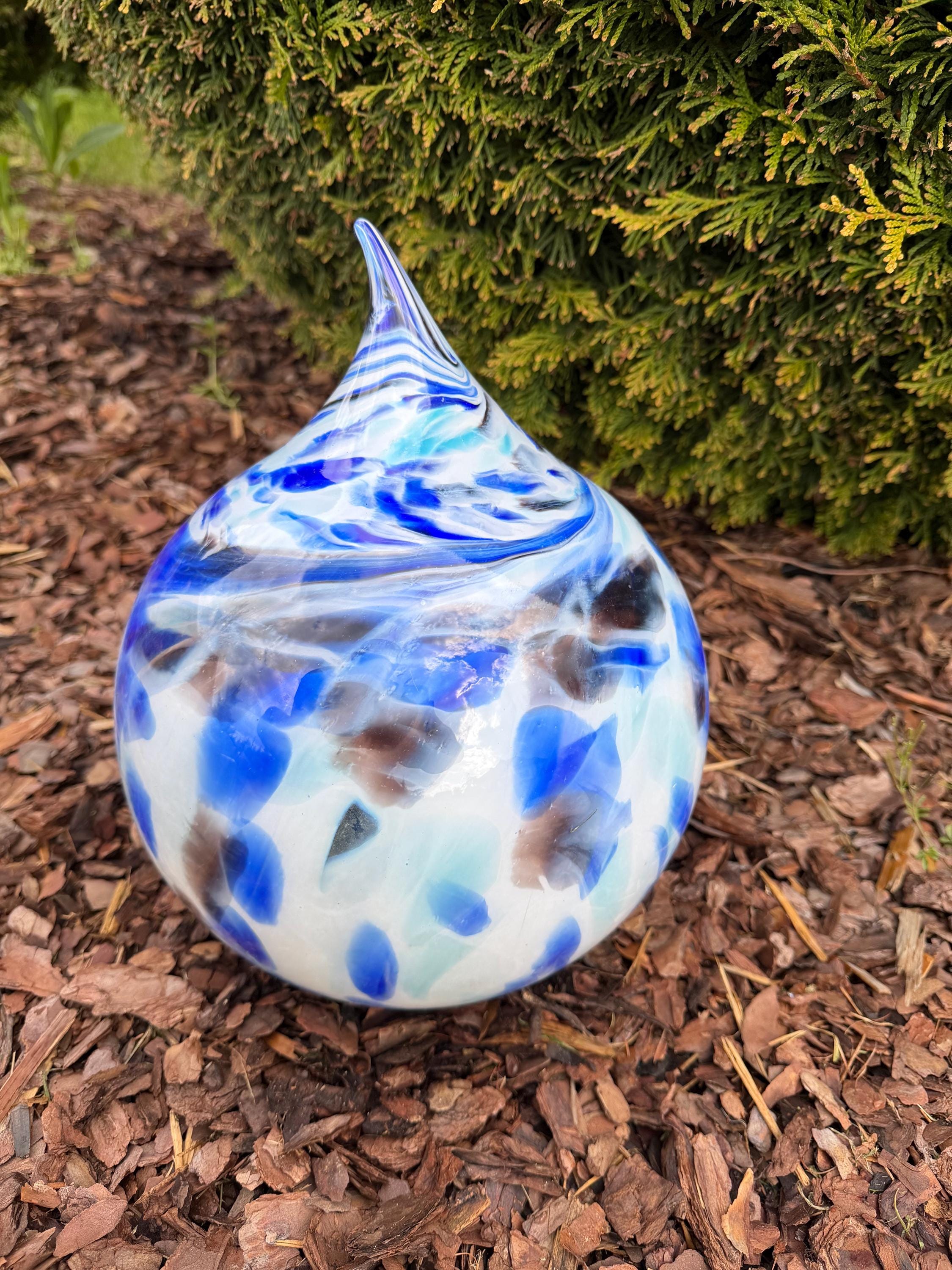 25cm Hand-Blown Glass Teardrop – Blue White Swirl Garden Stake / Decorative Sculpture