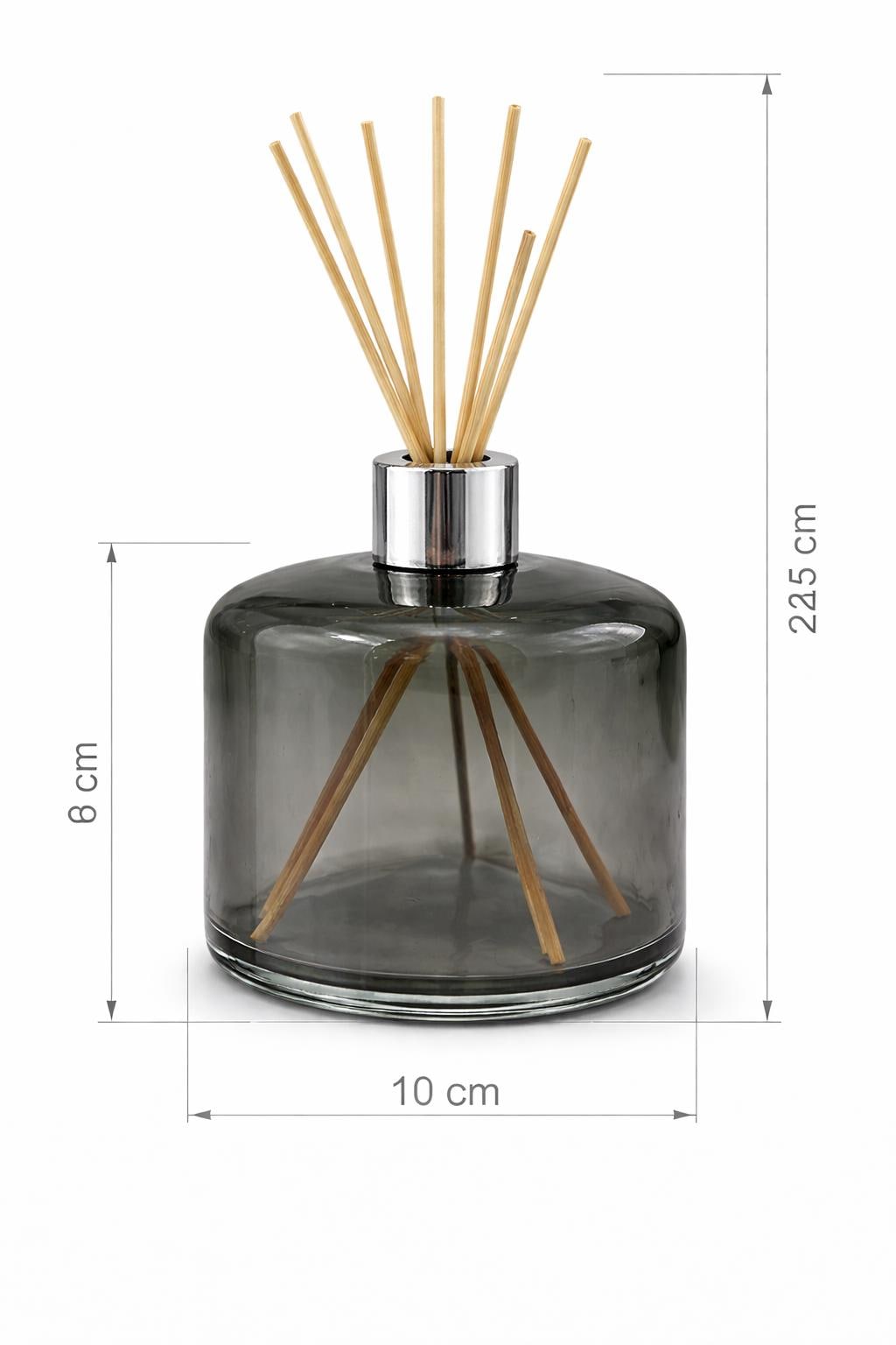 Handblown Art Glass Reed Diffuser Bottle – Smoke Gray Minimalist, Silver Collar