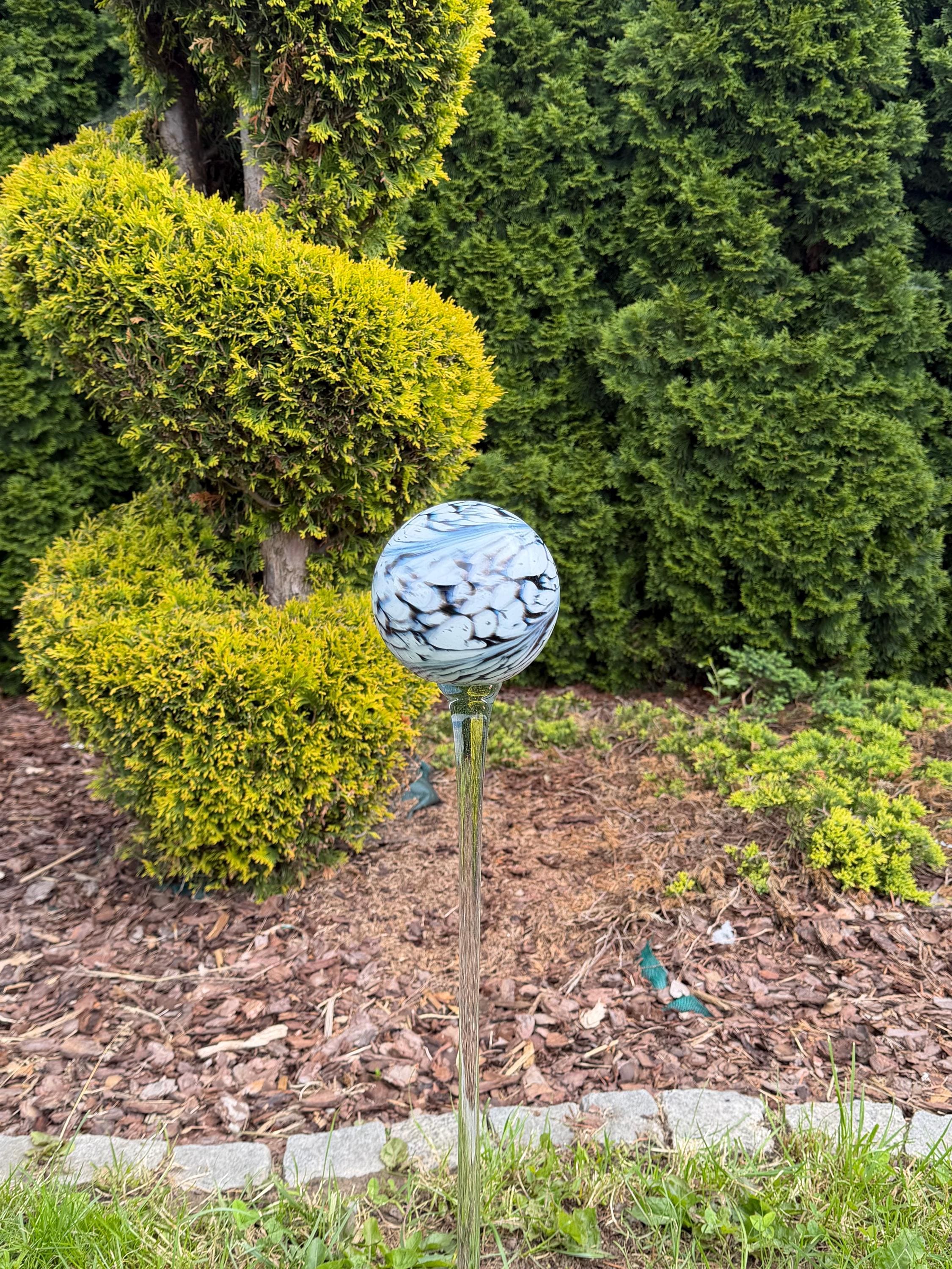 12cm Black White Glass Garden Stake - Hand Blown Garden Globe - 70cm Outdoor Decor
