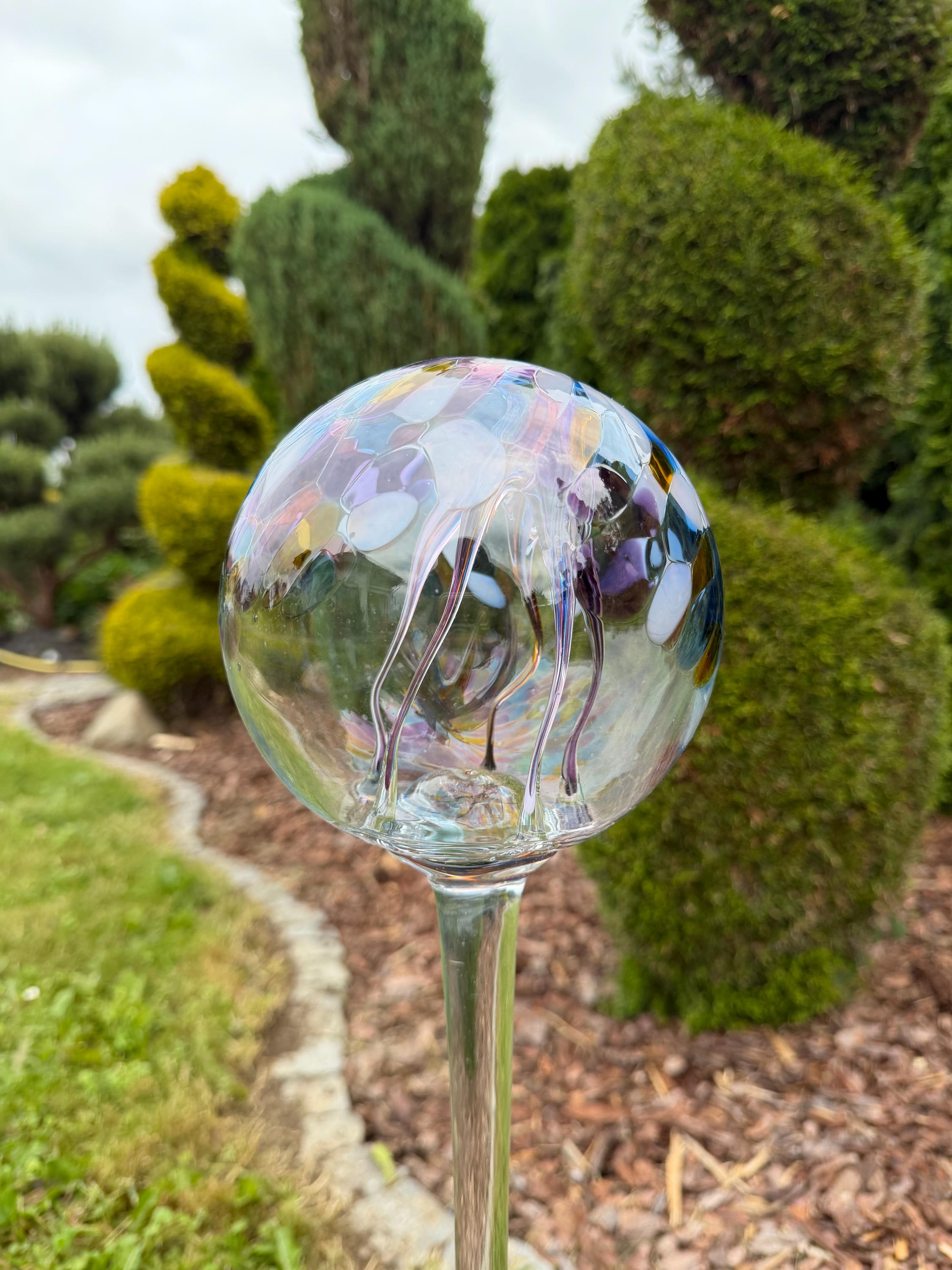 80cm Hand-Blown Pastel Garden Witch Ball on Stake – 15cm Glass Gazing Ball – Outdoor Yard